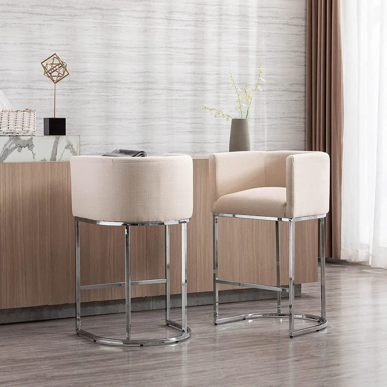 Alt view image 2 of 7 - Contemporary Cream Linen Bar Stools Set of 3, 29" Upholstered Fabric Counter Height Barstools Kitchen Counter Island Stools with Screwed Together Chrome Finish Base