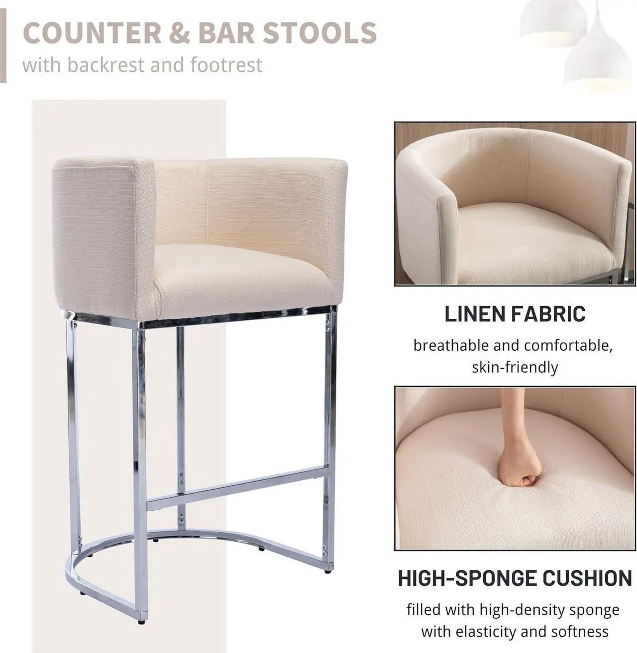 Alt view image 4 of 7 - Contemporary Cream Linen Bar Stools Set of 3, 29" Upholstered Fabric Counter Height Barstools Kitchen Counter Island Stools with Screwed Together Chrome Finish Base