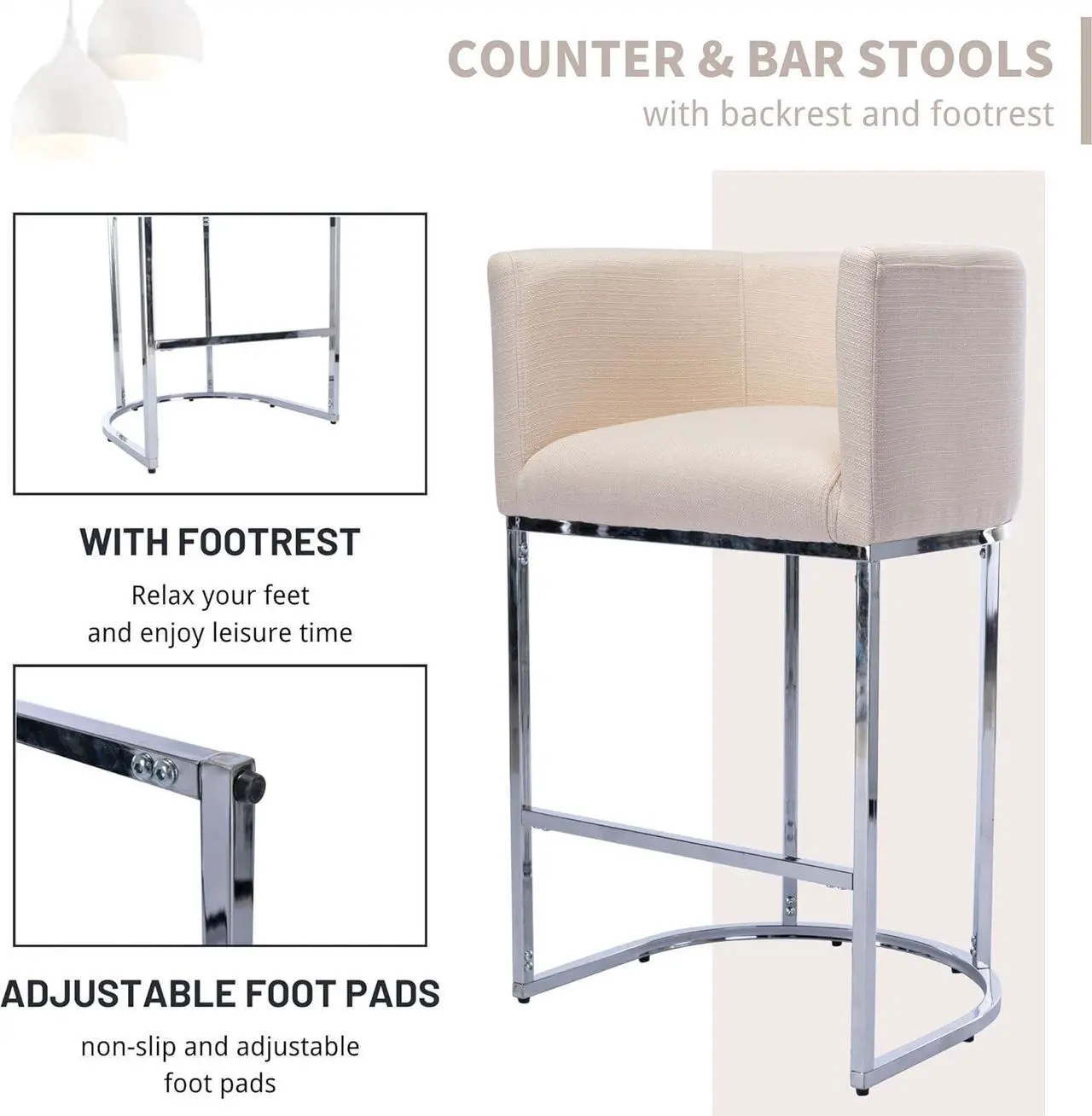 Alt view image 5 of 7 - Contemporary Cream Linen Bar Stools Set of 3, 29" Upholstered Fabric Counter Height Barstools Kitchen Counter Island Stools with Screwed Together Chrome Finish Base