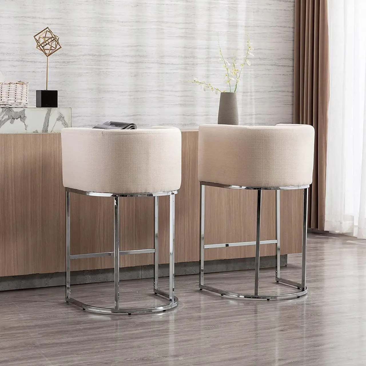 Alt view image 7 of 7 - Contemporary Cream Linen Bar Stools Set of 3, 29" Upholstered Fabric Counter Height Barstools Kitchen Counter Island Stools with Screwed Together Chrome Finish Base