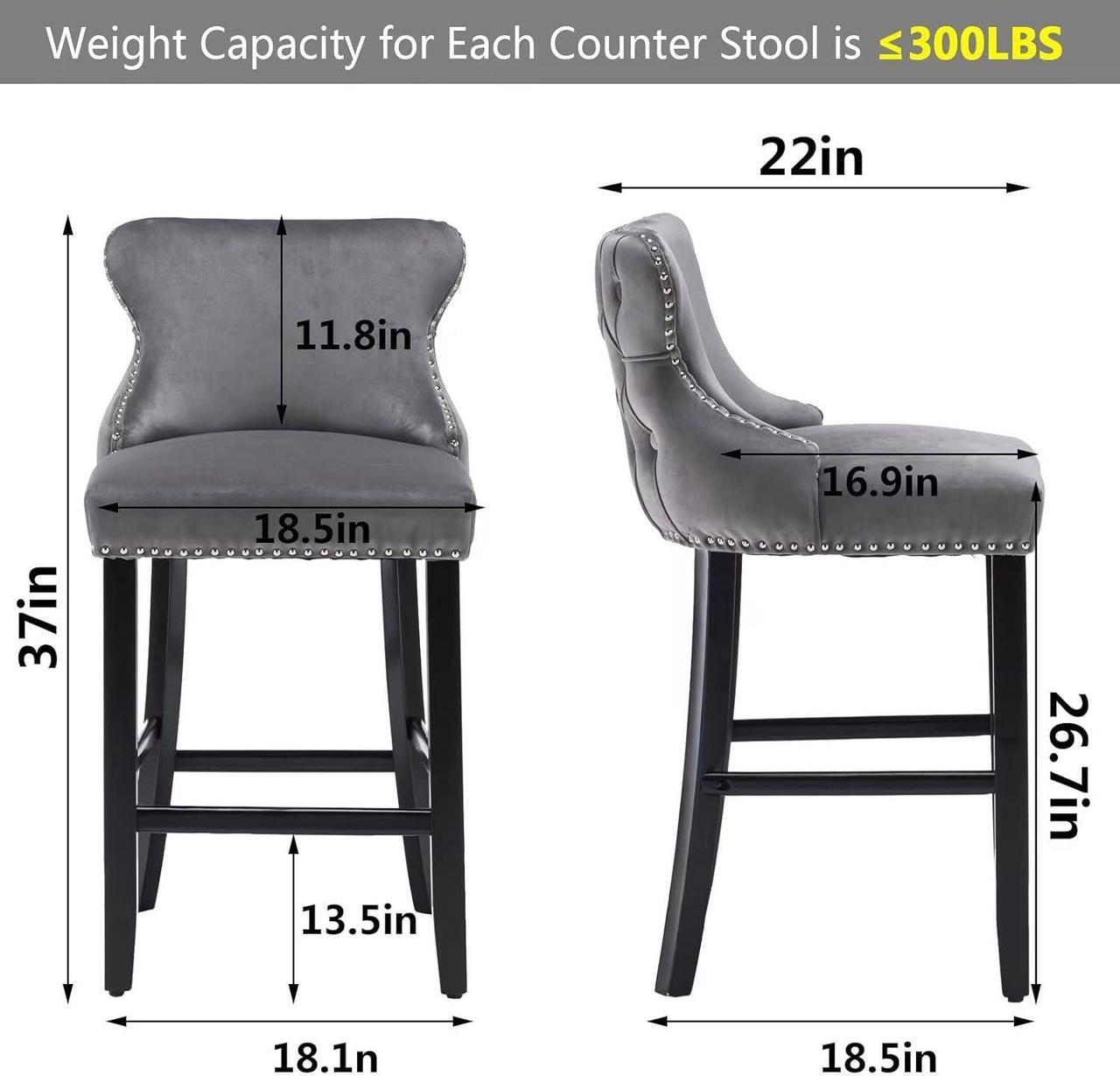 Alt view image 2 of 7 - mikibama Velvet Wingback Bar Stools Set of 2, Upholstered Button Tufted Counter Height Bar Stool with Solid Wood Legs Kitchen Island Padded Barstools with Nailhead Trim (Grey)