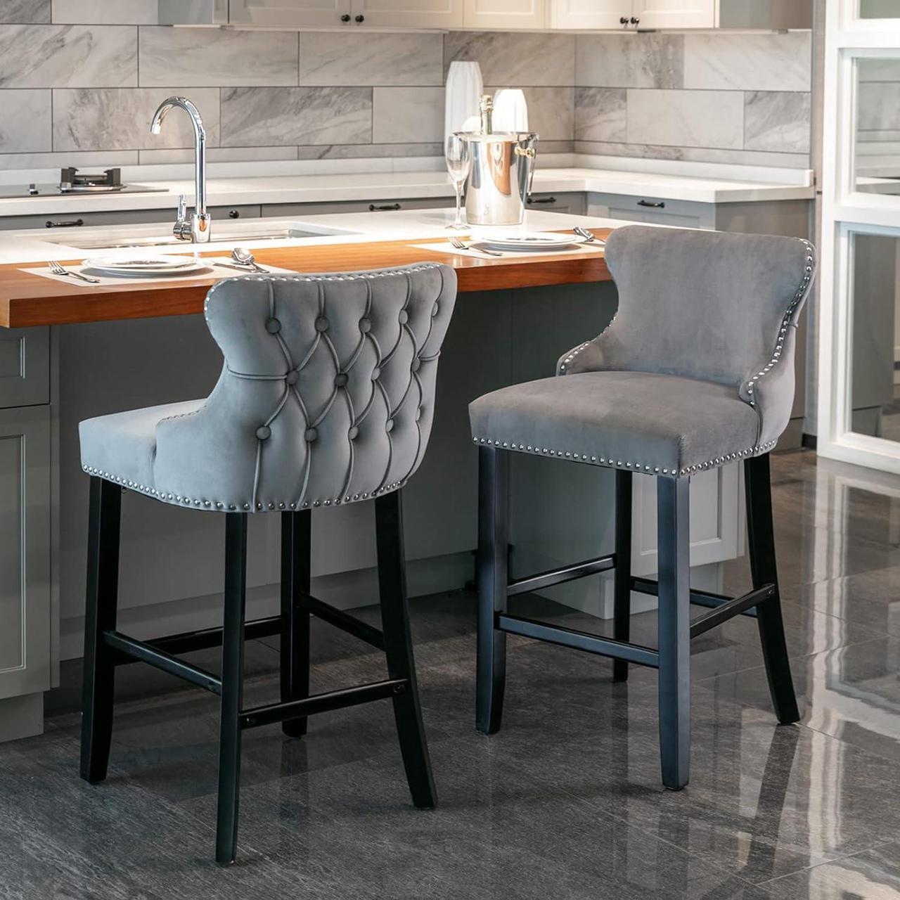 Main image of mikibama Velvet Wingback Bar Stools Set of 2, Upholstered Button Tufted Counter Height Bar Stool with Solid Wood Legs Kitchen Island Padded Barstools with Nailhead Trim (Grey)