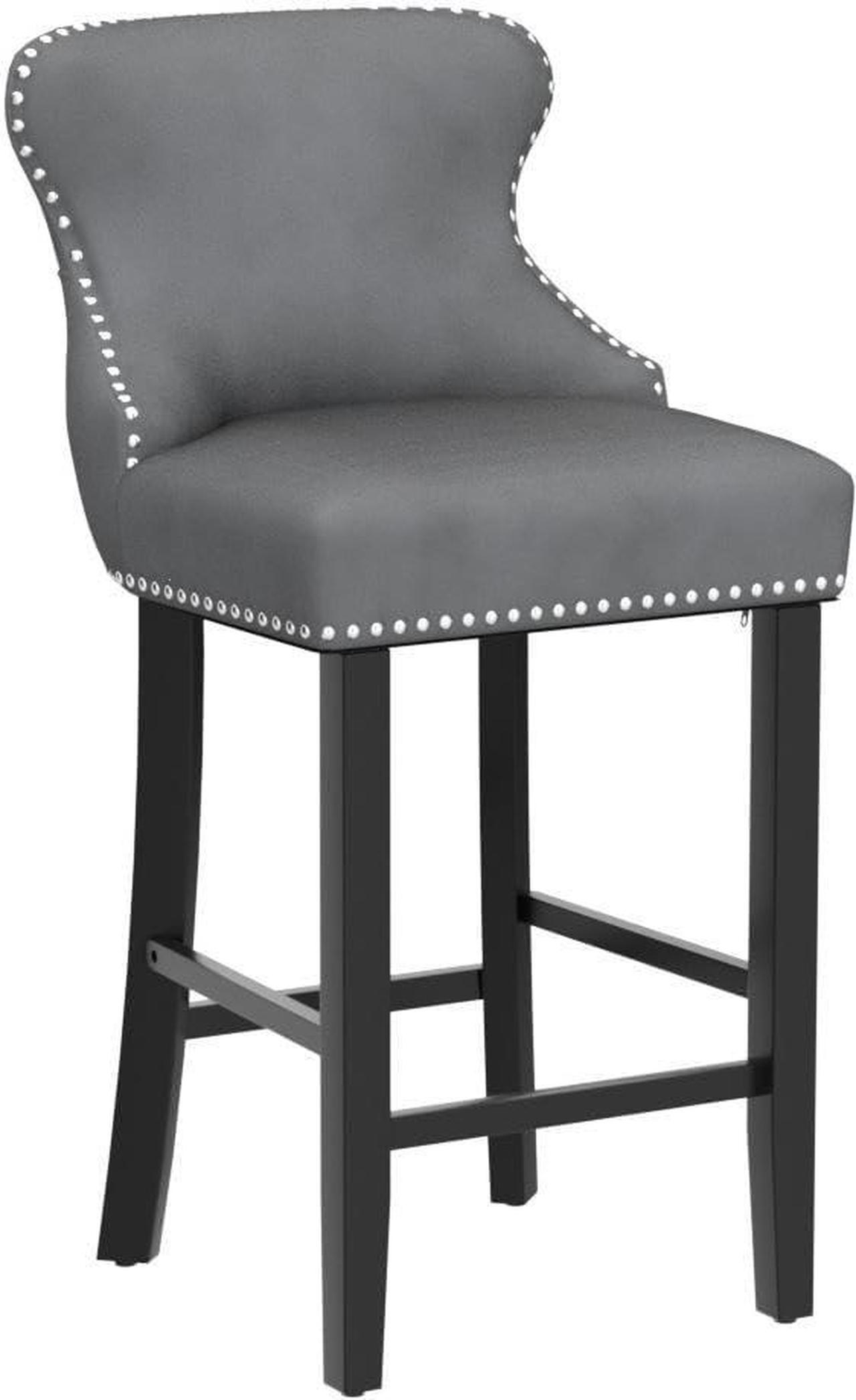 Alt view image 4 of 7 - mikibama Velvet Wingback Bar Stools Set of 2, Upholstered Button Tufted Counter Height Bar Stool with Solid Wood Legs Kitchen Island Padded Barstools with Nailhead Trim (Grey)