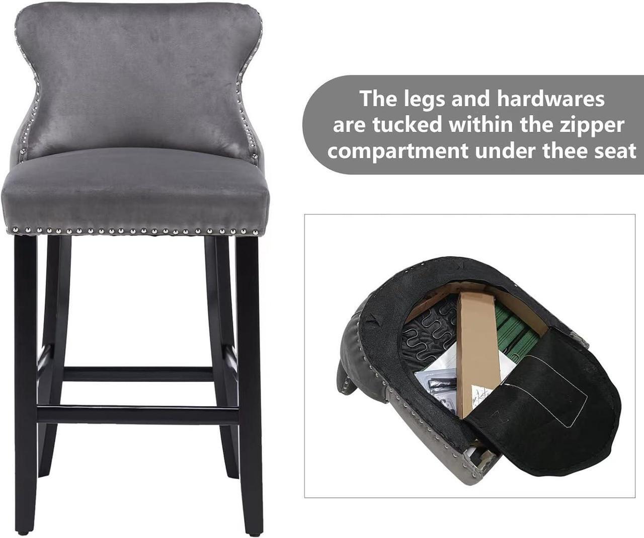 Alt view image 3 of 7 - mikibama Velvet Wingback Bar Stools Set of 2, Upholstered Button Tufted Counter Height Bar Stool with Solid Wood Legs Kitchen Island Padded Barstools with Nailhead Trim (Grey)