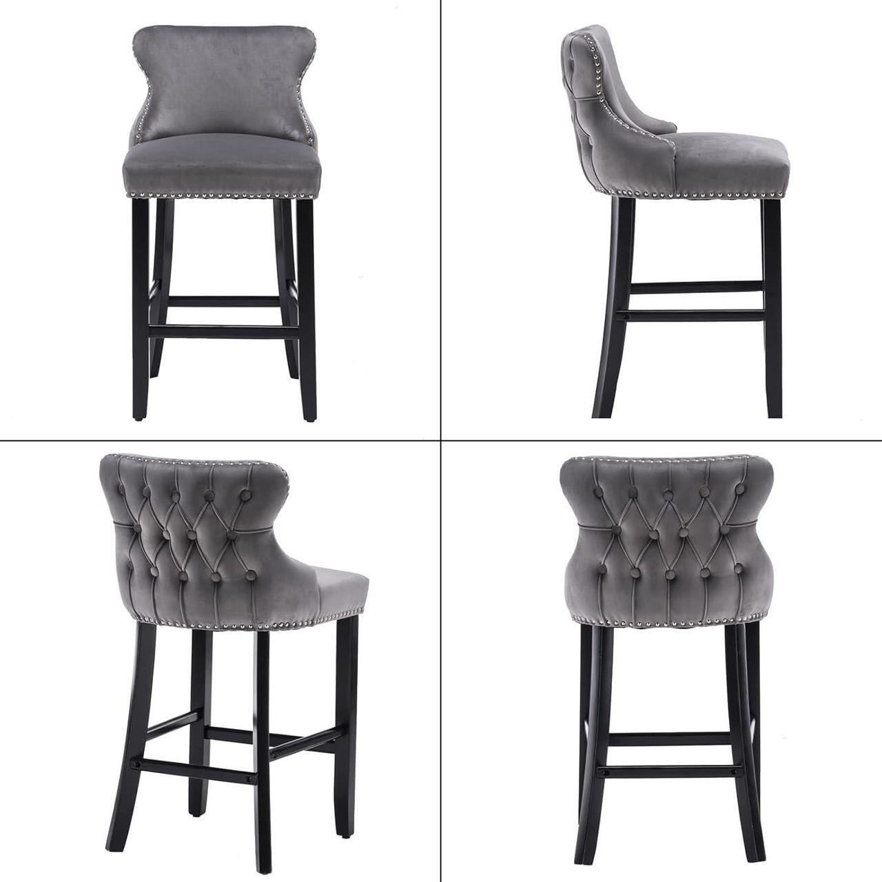 Alt view image 5 of 7 - mikibama Velvet Wingback Bar Stools Set of 2, Upholstered Button Tufted Counter Height Bar Stool with Solid Wood Legs Kitchen Island Padded Barstools with Nailhead Trim (Grey)