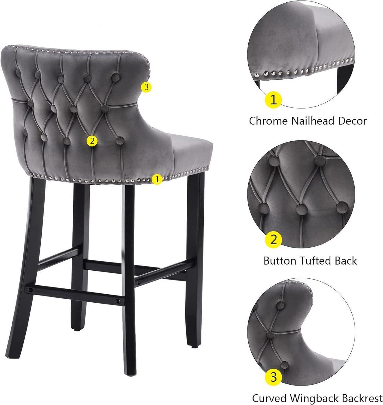 Alt view image 6 of 7 - mikibama Velvet Wingback Bar Stools Set of 2, Upholstered Button Tufted Counter Height Bar Stool with Solid Wood Legs Kitchen Island Padded Barstools with Nailhead Trim (Grey)