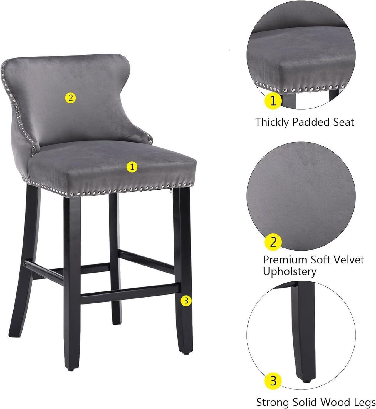 Alt view image 7 of 7 - mikibama Velvet Wingback Bar Stools Set of 2, Upholstered Button Tufted Counter Height Bar Stool with Solid Wood Legs Kitchen Island Padded Barstools with Nailhead Trim (Grey)