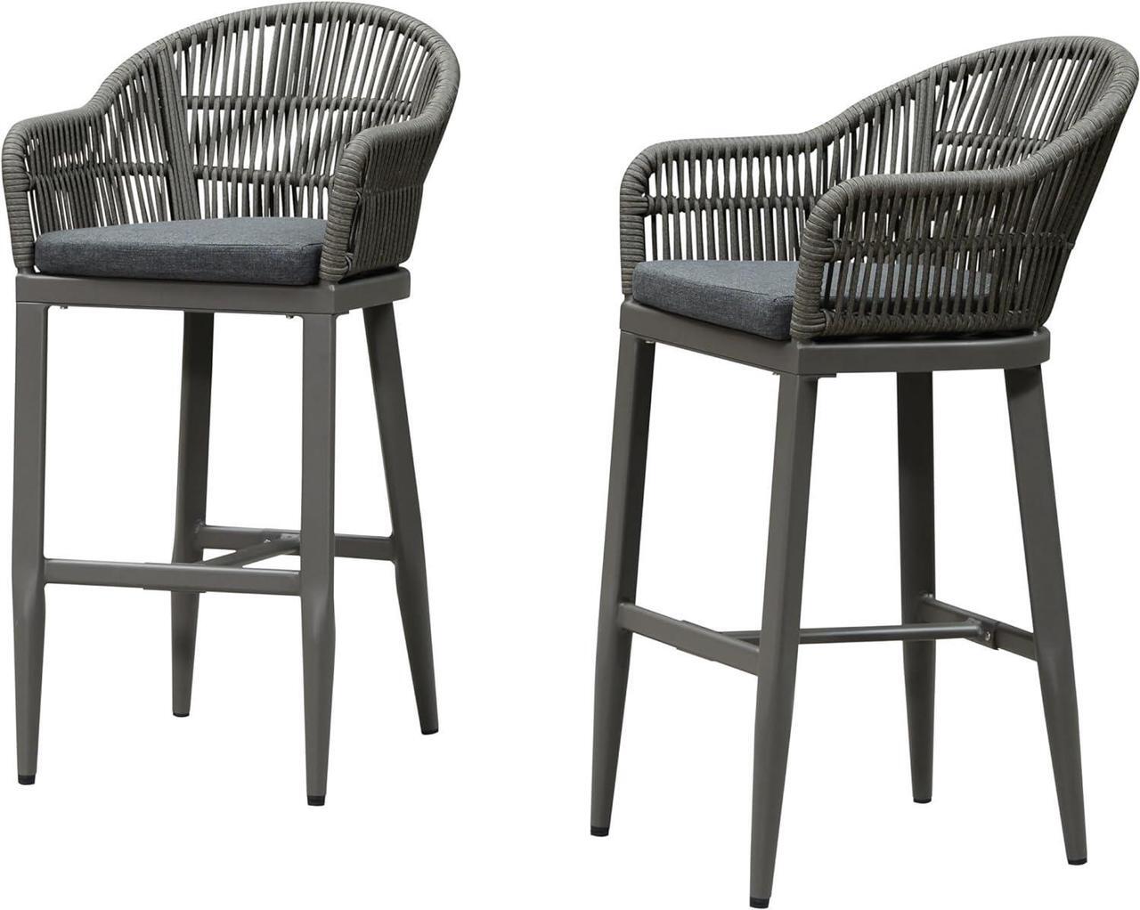 Main image of PURPLE LEAF Outdoor Bar Height Stools Set of 2 Patio Metal Modern Wicker Rattan Bar Chairs Woven Aluminum Barstools with Back and Cushions for Balcony Garden Indoor Kitchen Outside Slate Gray