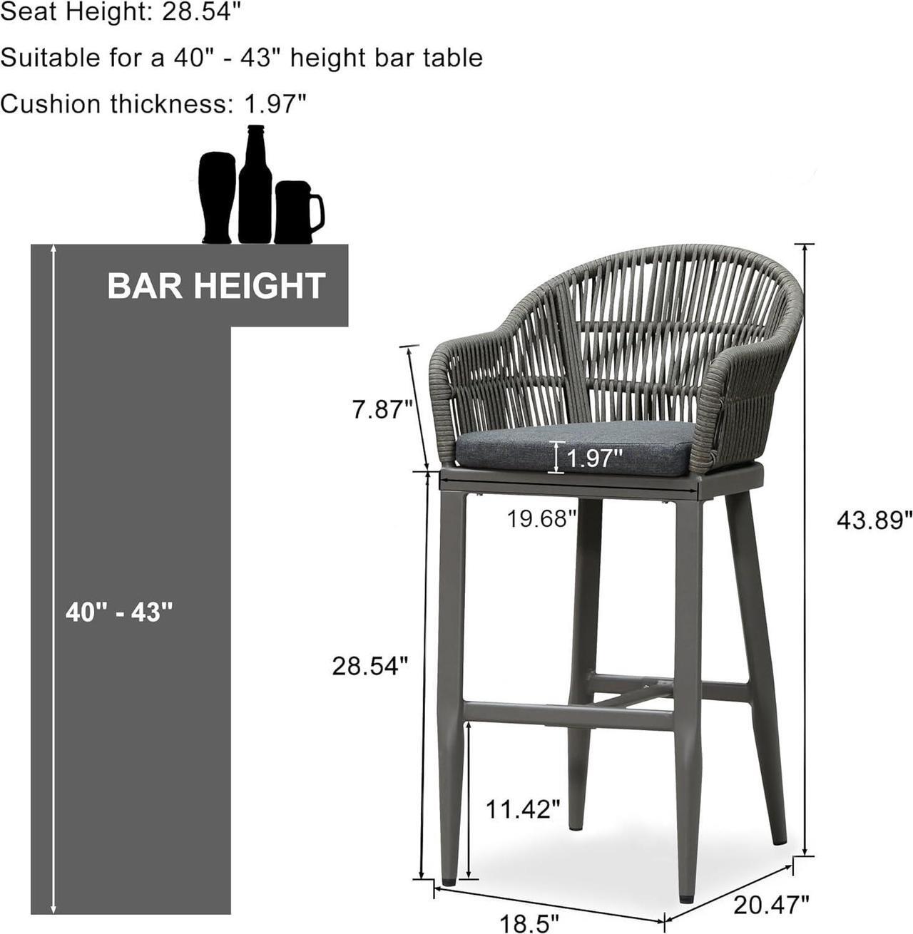 Alt view image 2 of 6 - PURPLE LEAF Outdoor Bar Height Stools Set of 2 Patio Metal Modern Wicker Rattan Bar Chairs Woven Aluminum Barstools with Back and Cushions for Balcony Garden Indoor Kitchen Outside Slate Gray