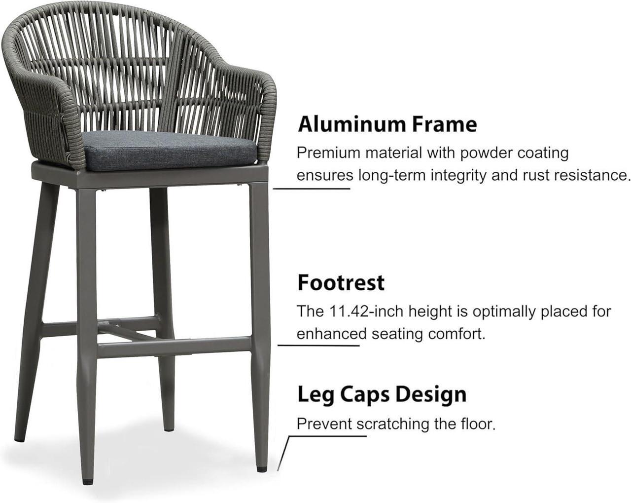 Alt view image 6 of 6 - PURPLE LEAF Outdoor Bar Height Stools Set of 2 Patio Metal Modern Wicker Rattan Bar Chairs Woven Aluminum Barstools with Back and Cushions for Balcony Garden Indoor Kitchen Outside Slate Gray