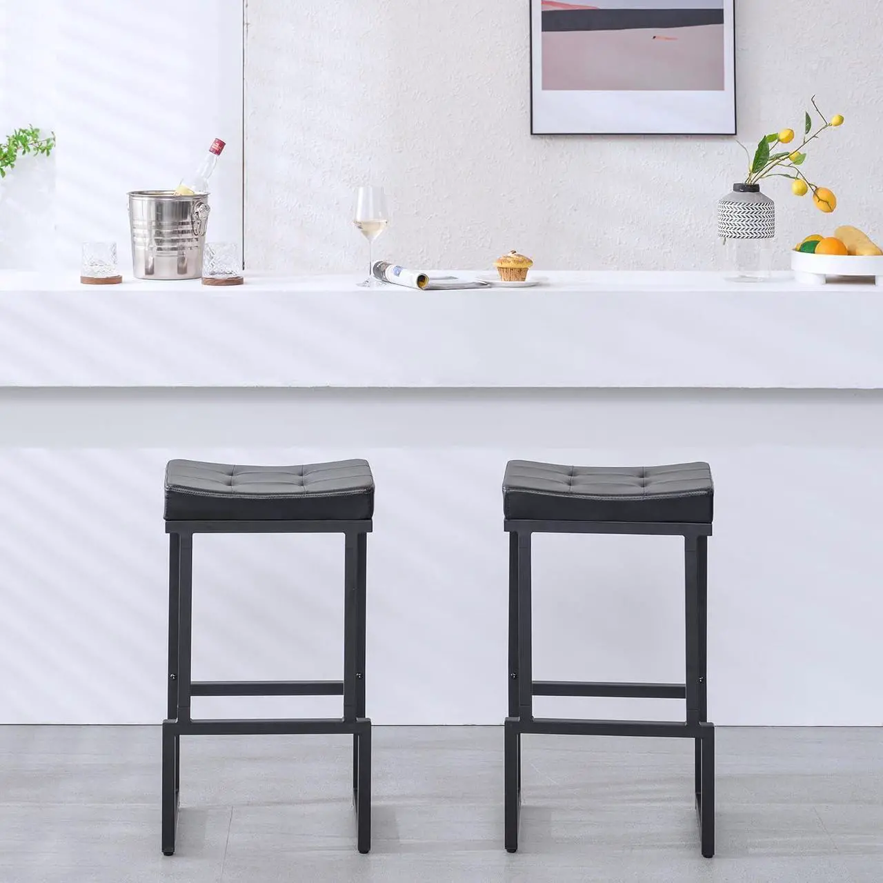 Alt view image 4 of 7 - Bar Stools Set of 2, 28" Counter Height Bar Stools, Faux Leather Barstools for Kitchen Island, Backless Saddle Stools with Metal Legs (Black, 2PCS 28" Bar Stools)