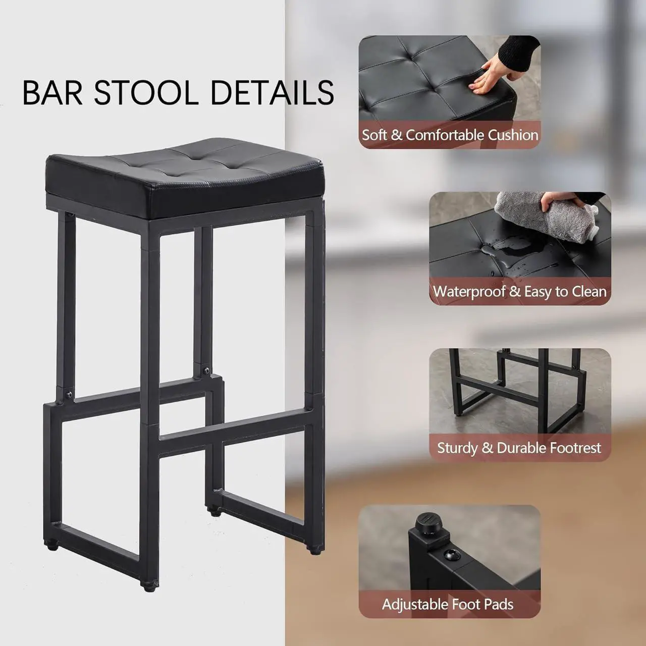 Alt view image 5 of 7 - Bar Stools Set of 2, 28" Counter Height Bar Stools, Faux Leather Barstools for Kitchen Island, Backless Saddle Stools with Metal Legs (Black, 2PCS 28" Bar Stools)