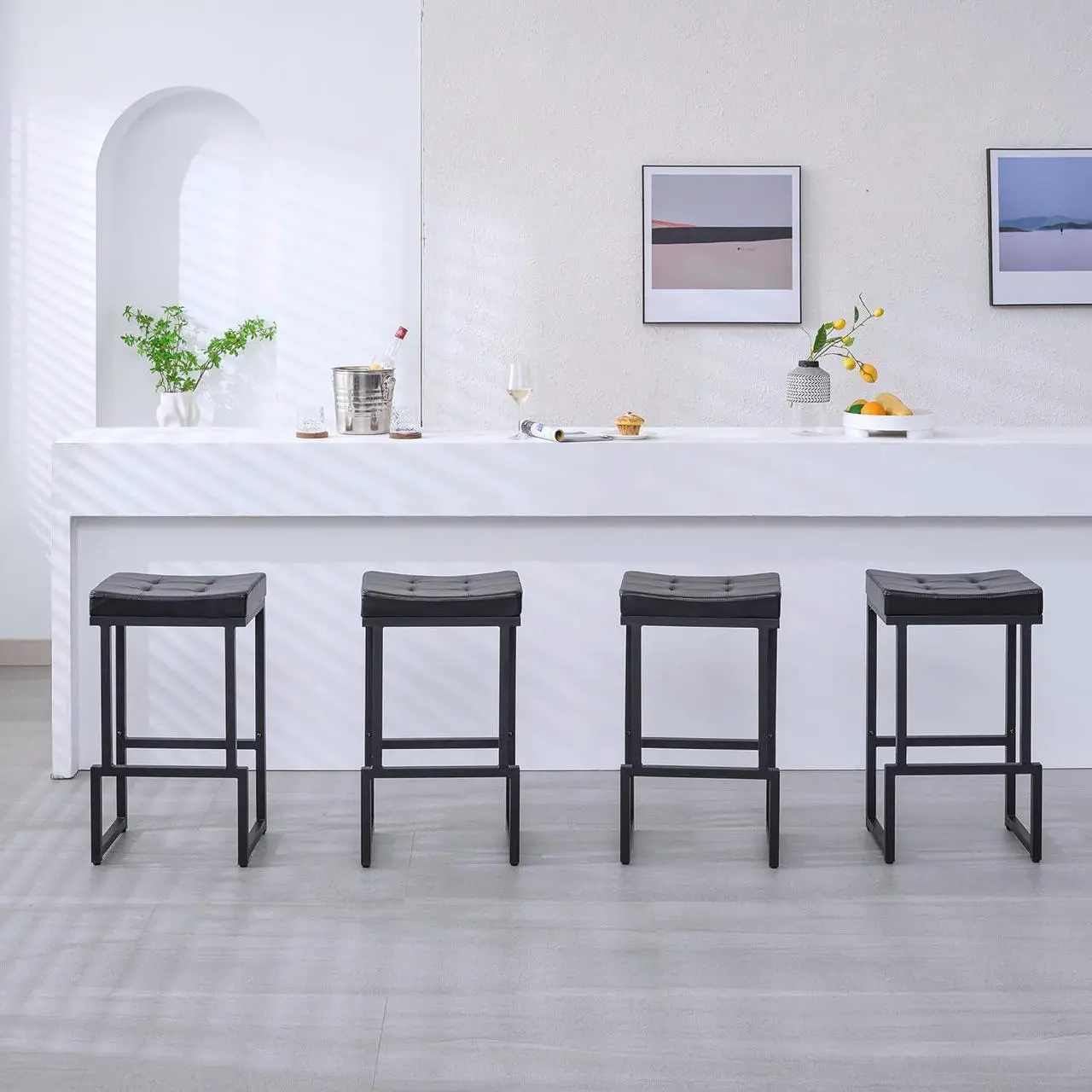 Alt view image 7 of 7 - Bar Stools Set of 2, 28" Counter Height Bar Stools, Faux Leather Barstools for Kitchen Island, Backless Saddle Stools with Metal Legs (Black, 2PCS 28" Bar Stools)