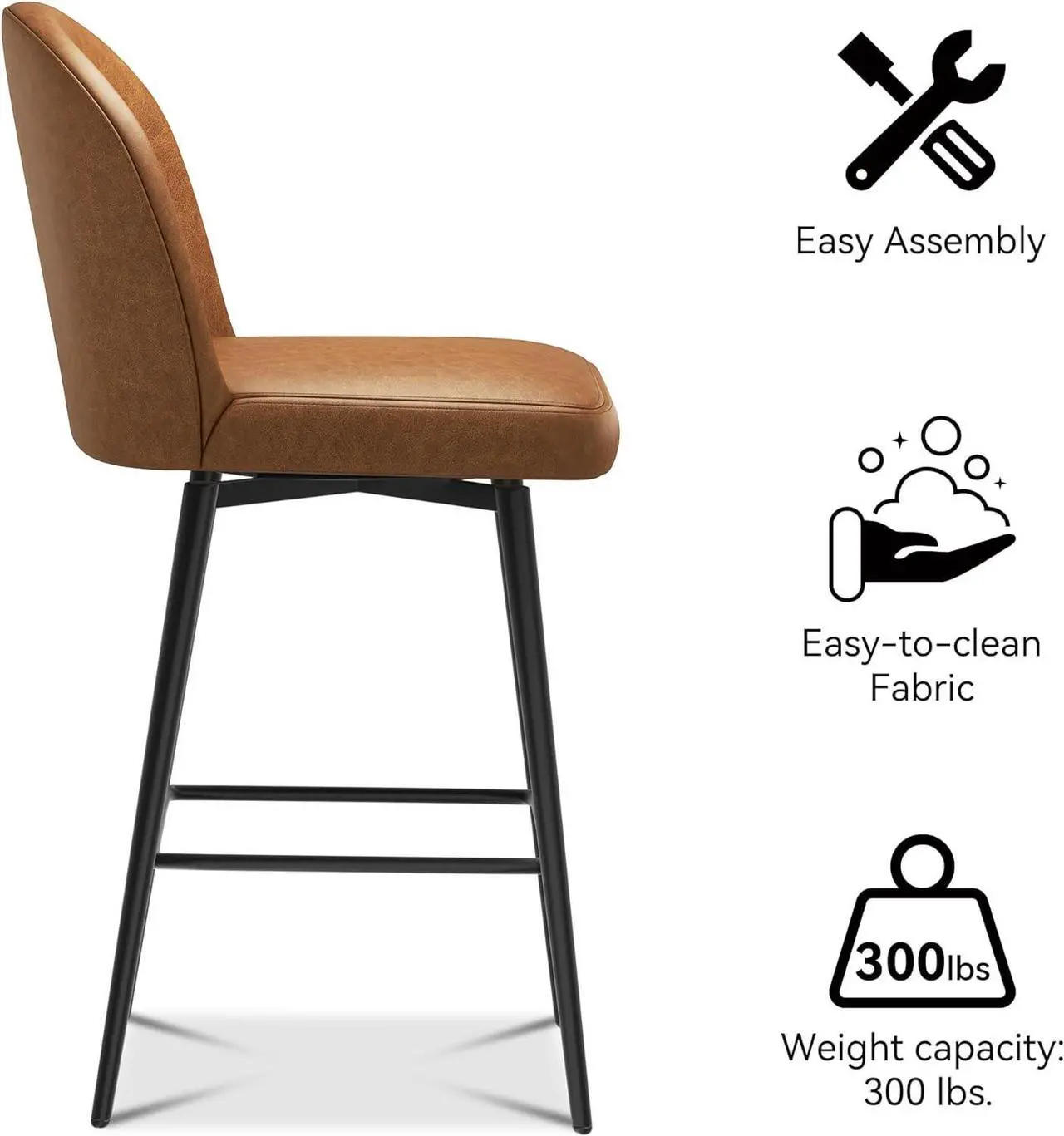 Alt view image 5 of 7 - Counter Height Bar Stools Set of 3, Upholstered Swivel Bar Stools with Back and Metal Legs, 26" Seat Height Faux Leather Kitchen Counter Stool Chairs with Footrest, Rustic Brown
