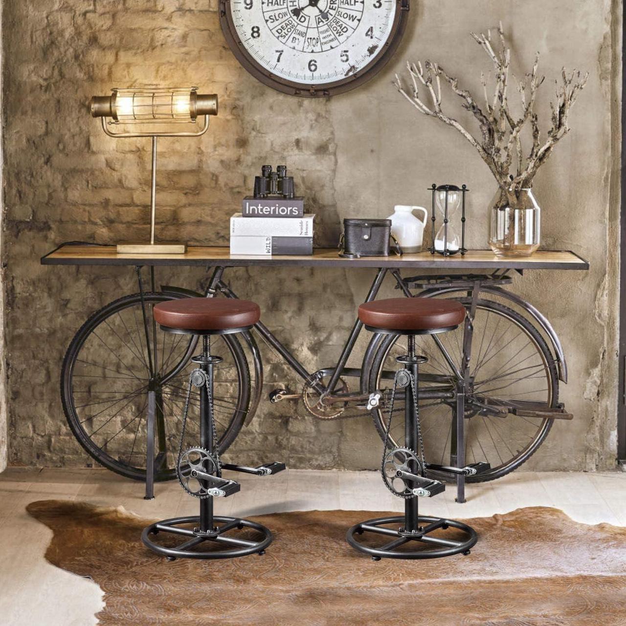 Alt view image 2 of 7 - Topower Vintage DIY Bar Stool Bicycle Chain Iron Pedal Retro Industrial Height Adjustable Bicycle Wheel Design bar Chair Set of 2 Silver