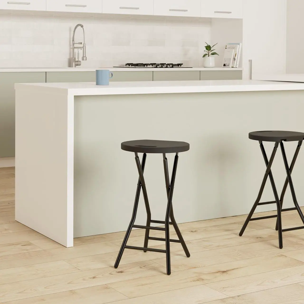 Alt view image 2 of 7 - 5Rcom Folding Stool,2 Pack 24 inch Tall Folding Bar Stool with Handle, Metal and Plastic Foldable Stool for Adults with Steel Frame Legs, 550lbs Capacity, Black