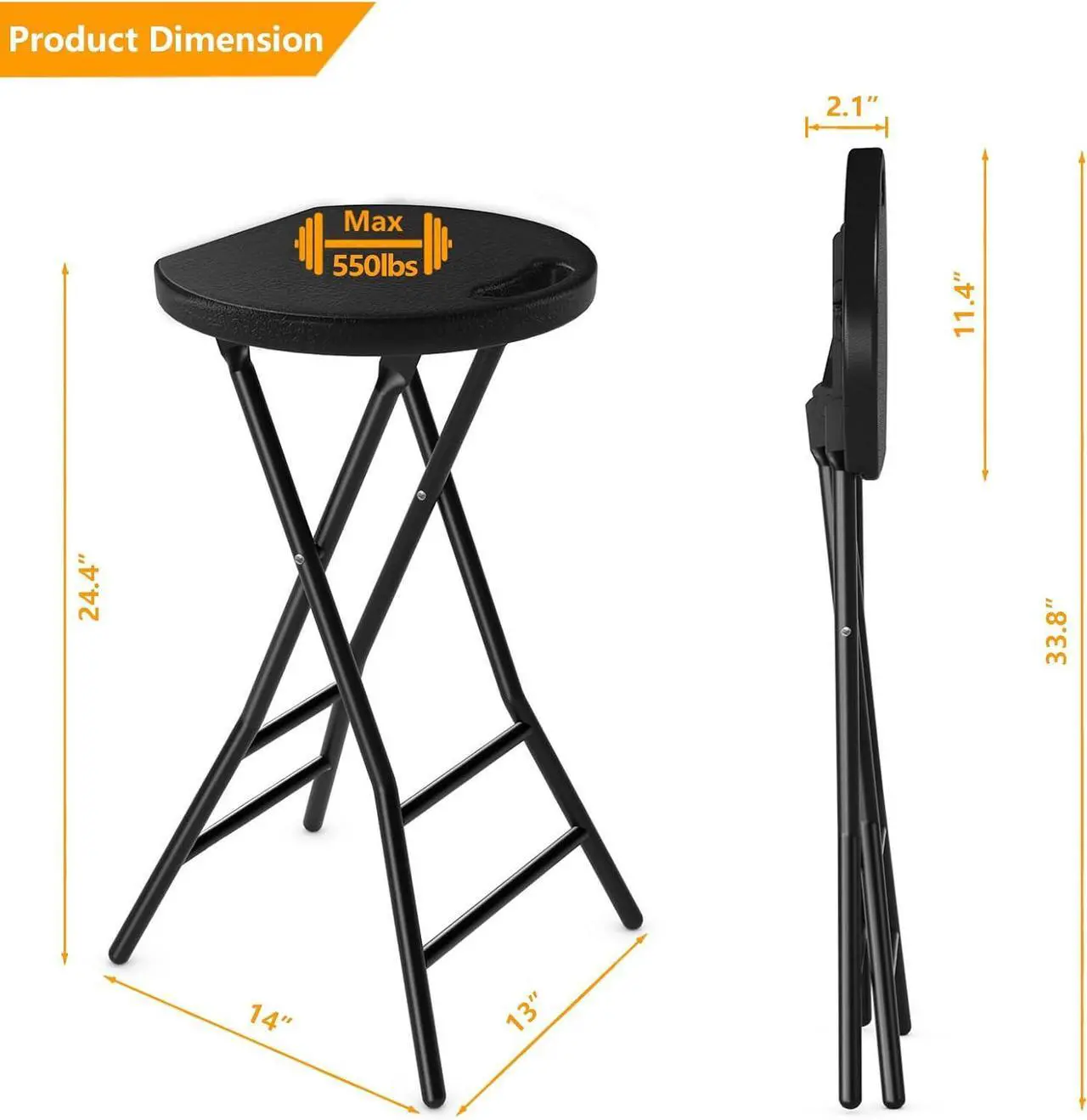 Alt view image 3 of 7 - 5Rcom Folding Stool,2 Pack 24 inch Tall Folding Bar Stool with Handle, Metal and Plastic Foldable Stool for Adults with Steel Frame Legs, 550lbs Capacity, Black
