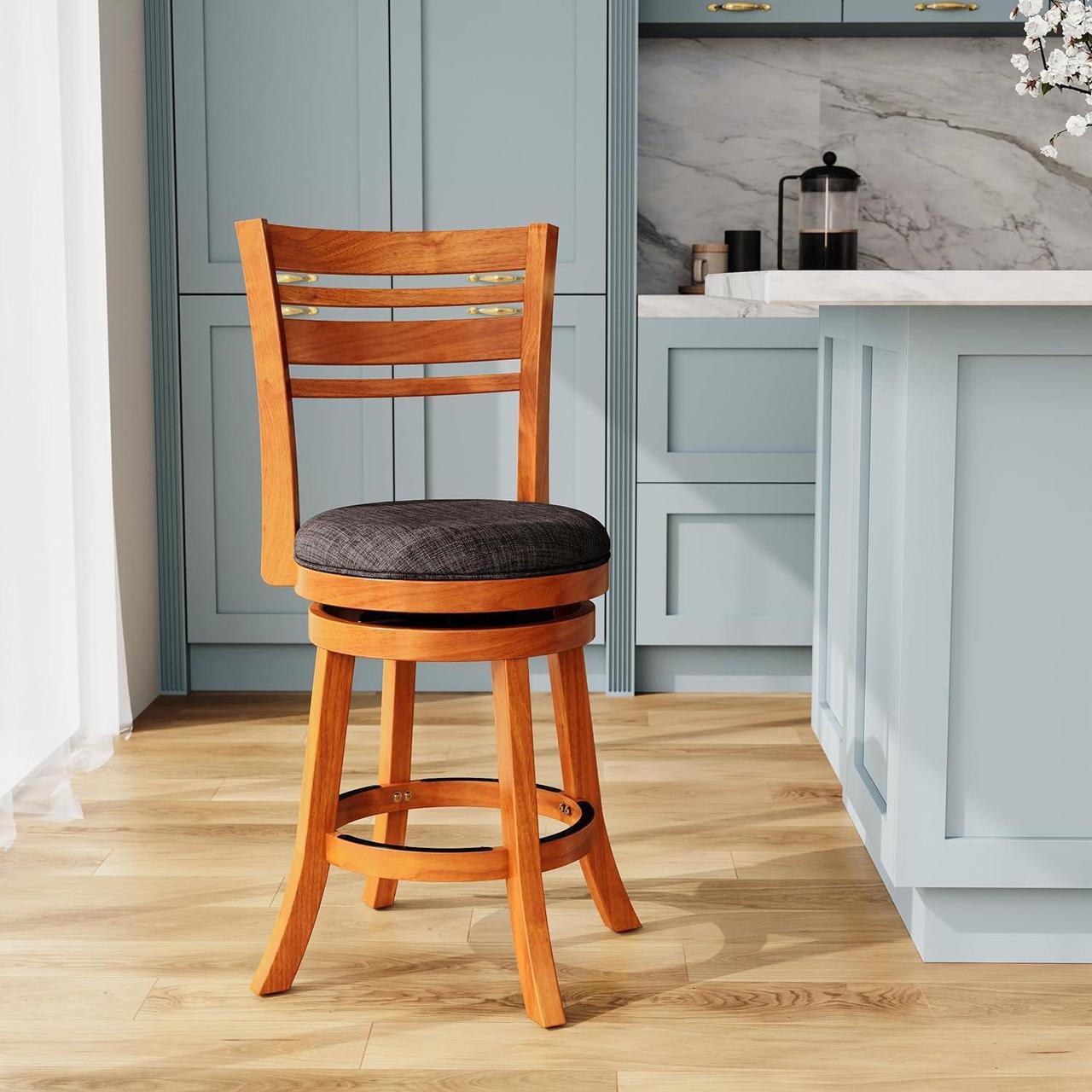 Alt view image 2 of 7 - DTY Indoor Living Granby Slat Back Fabric Swivel Stool, 24" Counter Height, Natural Finish, Charcoal Fabric Seat