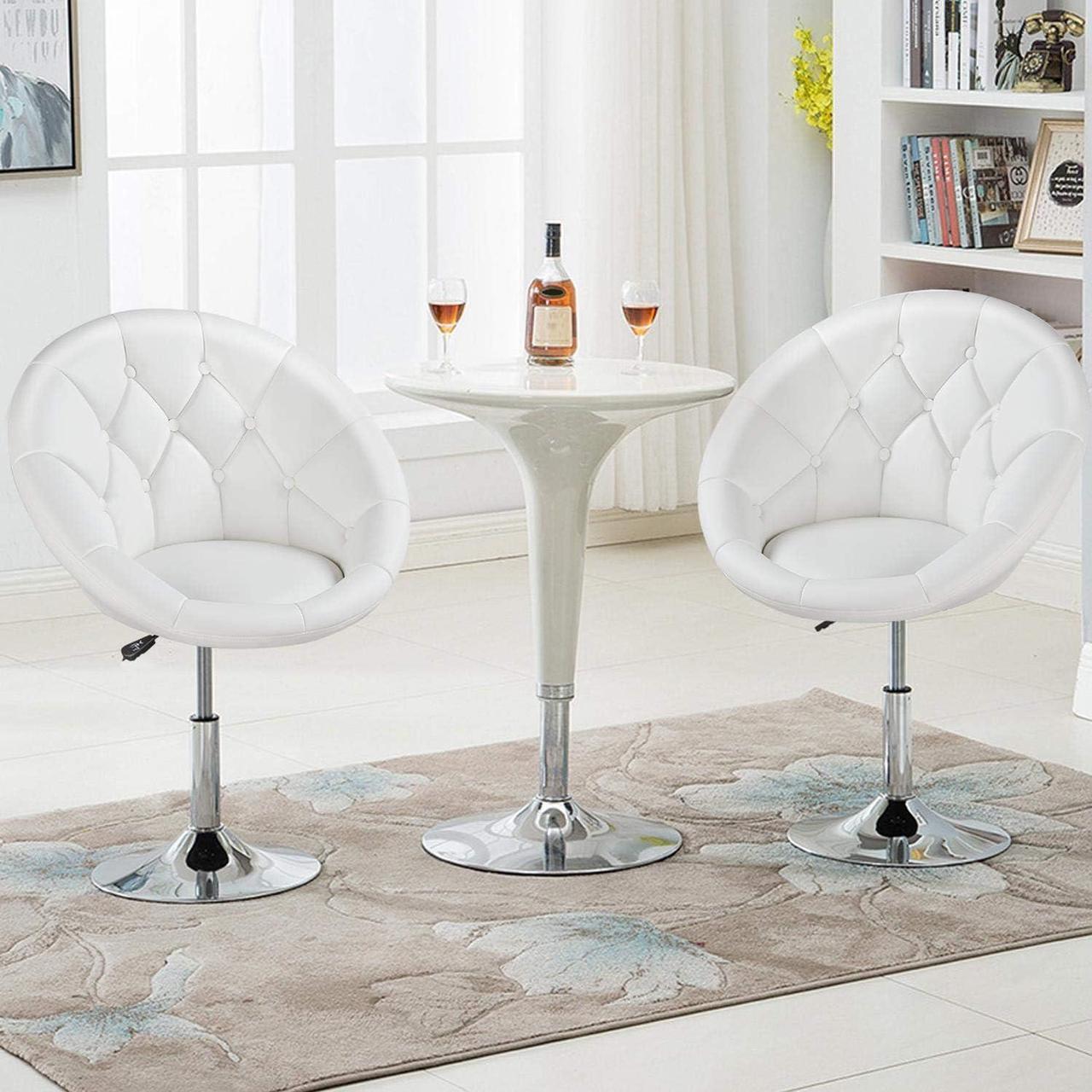 Alt view image 2 of 7 - Topeakmart Swivel Adjustable Accent Tufted Chair Stool Round Upholstered Swivel Barrel Chair Vanity Chair Barstool Lounge Pub Bar White