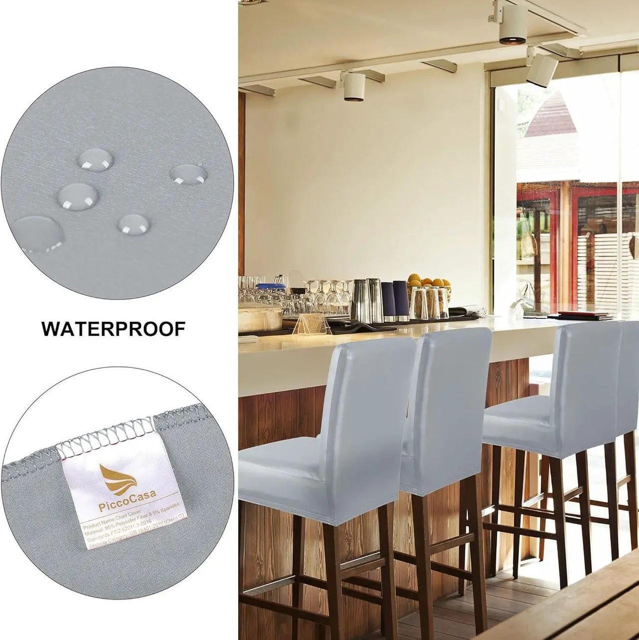 Alt view image 4 of 7 - PiccoCasa Waterproof Bar Stool Covers, Faux Leather Pub Counter Height Side Chair Covers with Elastic Band Silver Gray 4Pcs