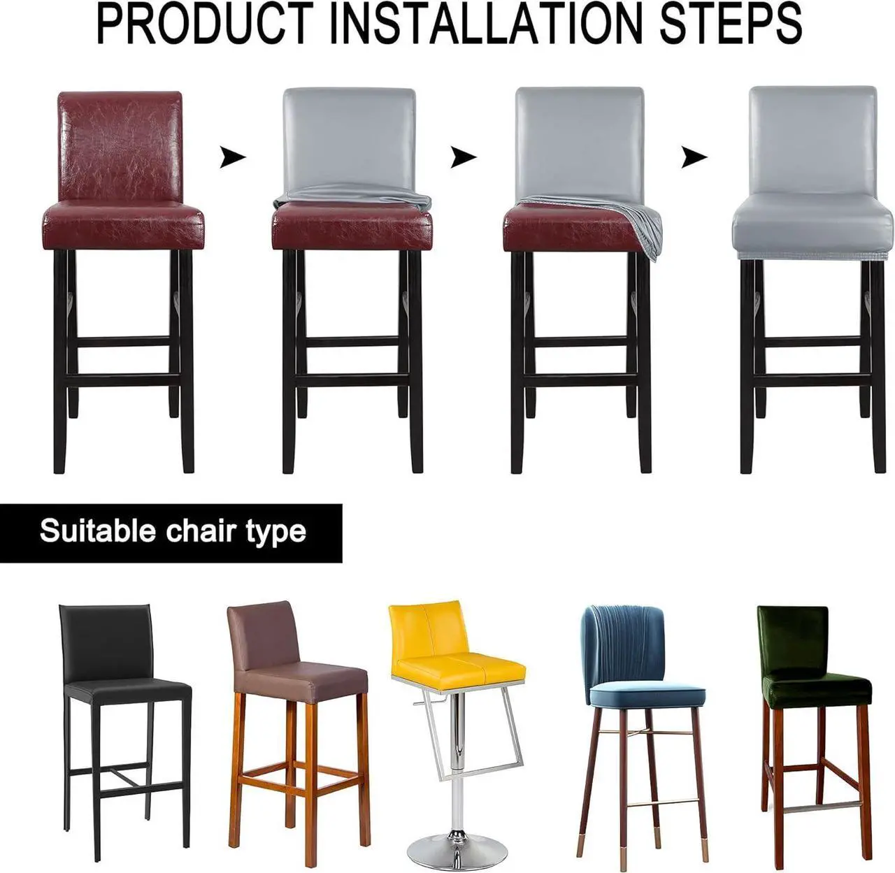 Alt view image 6 of 7 - PiccoCasa Waterproof Bar Stool Covers, Faux Leather Pub Counter Height Side Chair Covers with Elastic Band Silver Gray 4Pcs