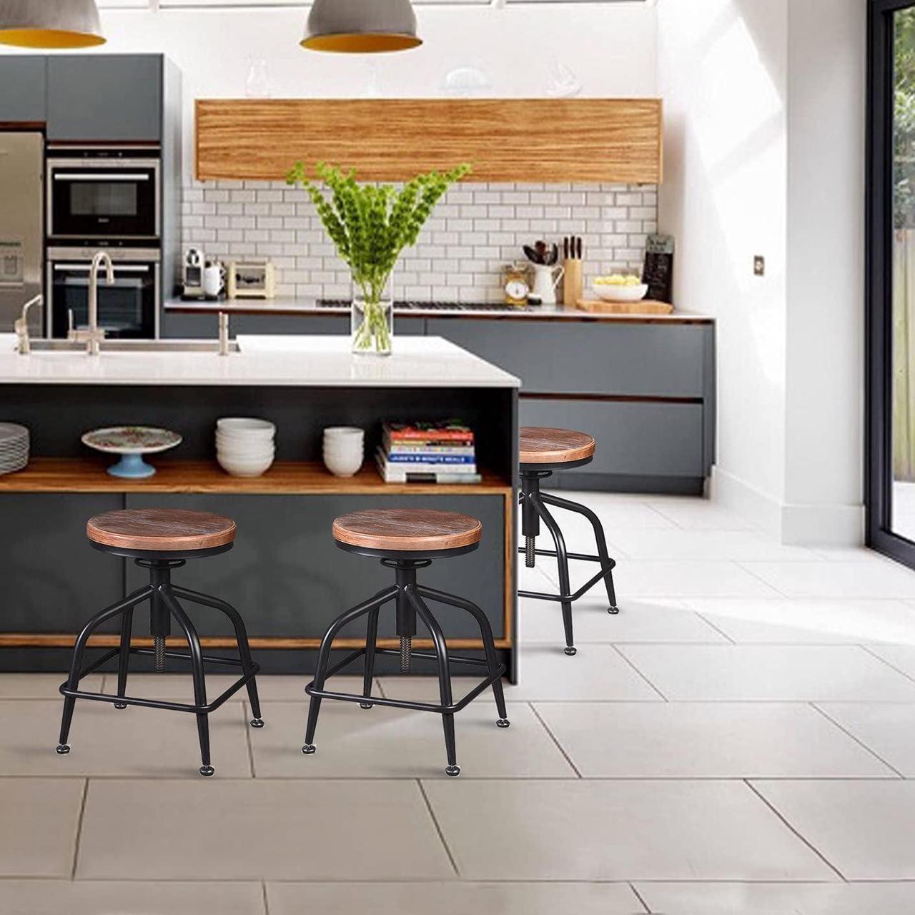 Alt view image 2 of 7 - Industrial Bar Stool Vintage Farmhouse Kitchen Stool Counter Height Bar Stools Adjustable Swivel Bar Stool Metal Stool Kitchen Island Bar Stool Set of 2 (Black 2pcs, Wooden Top)