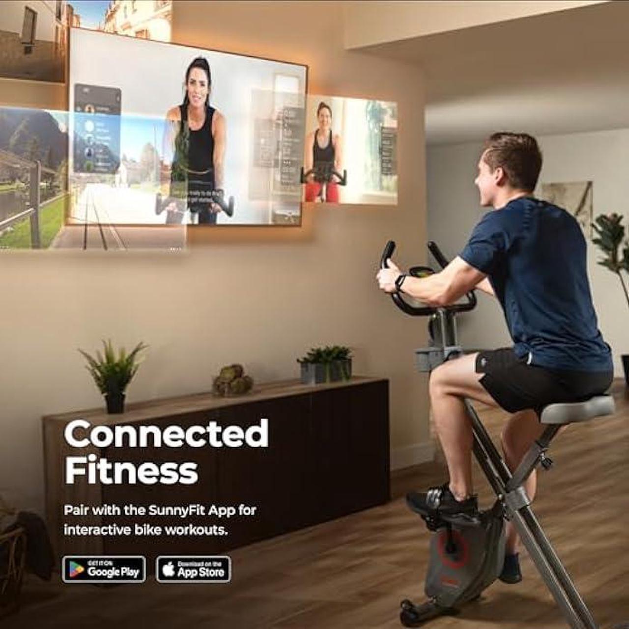 Alt view image 3 of 5 - Sunny Health & Fitness Smart Folding X-Bike, Portable Compact Exercise Bike for Indoor Cycling Workout, Home Cardio Training Machine, Free SunnyFit App Bluetooth Connect, Optional Foldable Recumbent