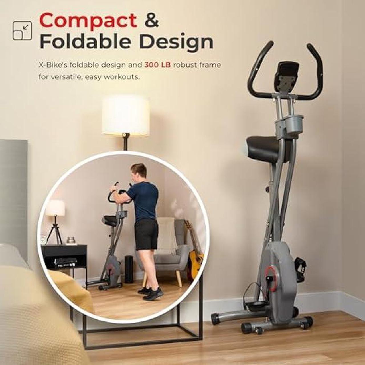 Alt view image 5 of 5 - Sunny Health & Fitness Smart Folding X-Bike, Portable Compact Exercise Bike for Indoor Cycling Workout, Home Cardio Training Machine, Free SunnyFit App Bluetooth Connect, Optional Foldable Recumbent