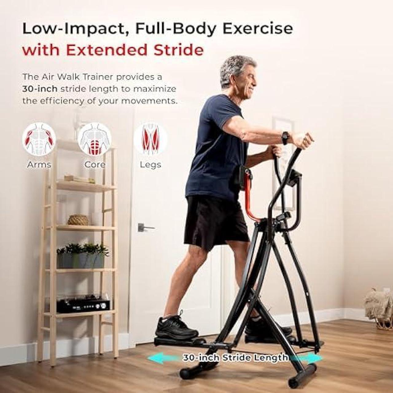 Alt view image 2 of 6 - Sunny Health & Fitness Air Walk Elliptical, Foldable Machine w/30-Inch Stride, Cardio Cross Trainer Glider Equipment for Home Exercise, Free SunnyFit App Bluetooth Link, Optional Adjustable Resistance