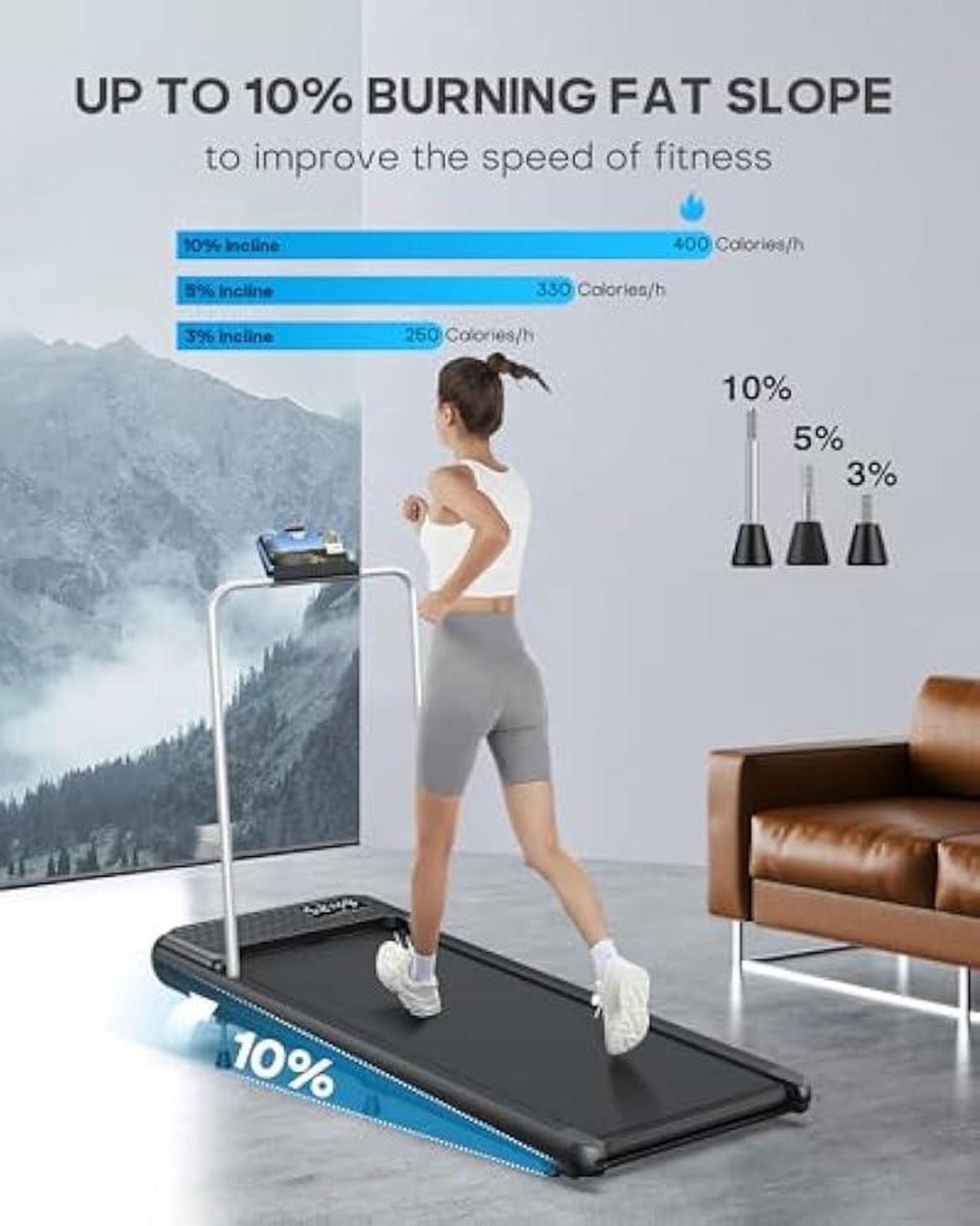 Alt view image 4 of 6 - WELLFIT 10% Incline Walking Pad Treadmill with Handlebar & 265 lbs/340 lbs Capacity,40 dB Quiet Walking Jogging Mat Work for Home,APP/Remote Control,LED Display