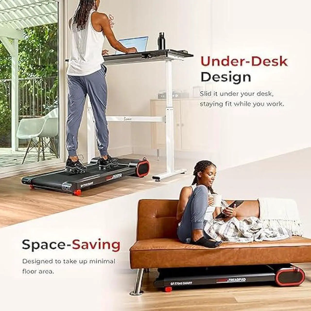 Alt view image 2 of 5 - Sunny Health & Fitness Slim Under Desk Walking Compact Treadpad Treadmill with Remote Control, Digital Display, Shock Absorption, Optional Trekking Poles, Free SunnyFit App Bluetooth Connectivity