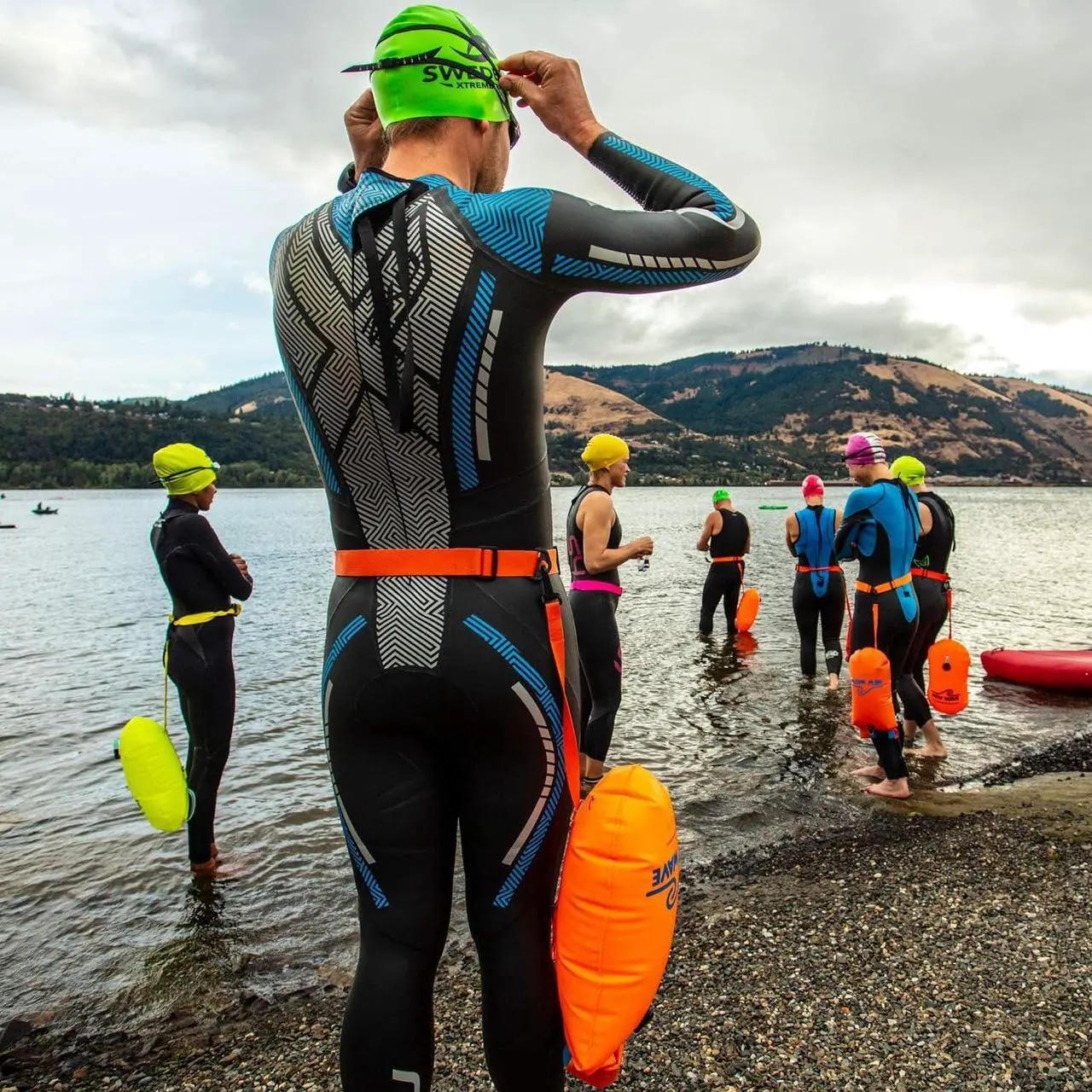 Alt view image 7 of 7 - New Wave Swim Buoy for Open Water Swimmers and Triathletes - Light and Visible Float for Safe Training and Racing - Nylon TPU