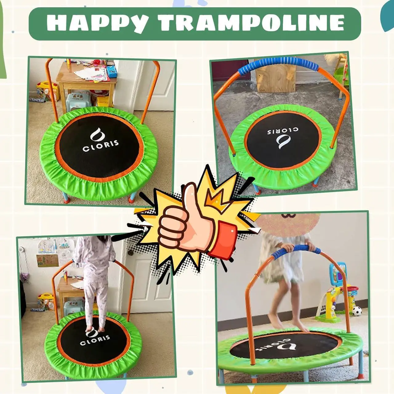 Alt view image 4 of 7 - CLORIS 38in/48in Folding Trampoline Mini Rebounder Fitness Trampoline with Adjustable Foam Handle for Kids/Adult, with safty Padded Cover Best Gift for Kids/Adult