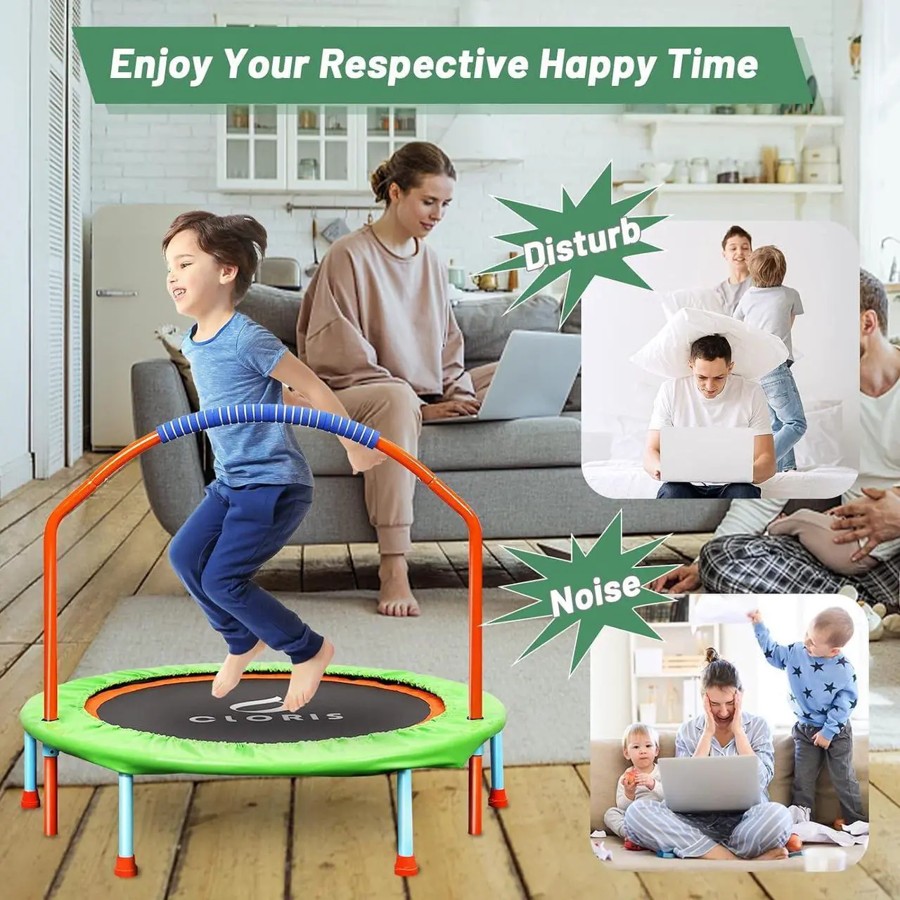 Alt view image 5 of 7 - CLORIS 38in/48in Folding Trampoline Mini Rebounder Fitness Trampoline with Adjustable Foam Handle for Kids/Adult, with safty Padded Cover Best Gift for Kids/Adult