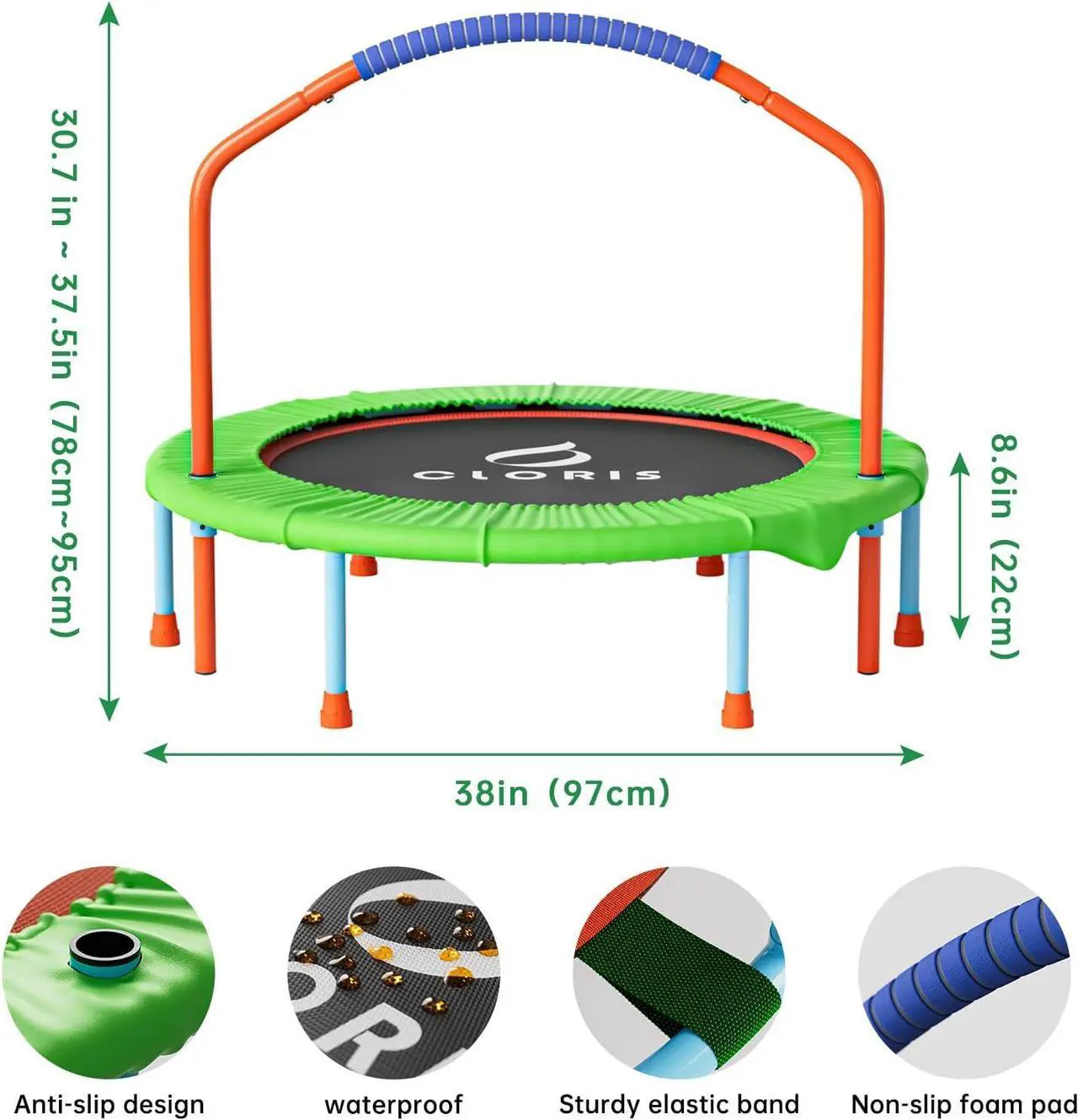 Alt view image 6 of 7 - CLORIS 38in/48in Folding Trampoline Mini Rebounder Fitness Trampoline with Adjustable Foam Handle for Kids/Adult, with safty Padded Cover Best Gift for Kids/Adult