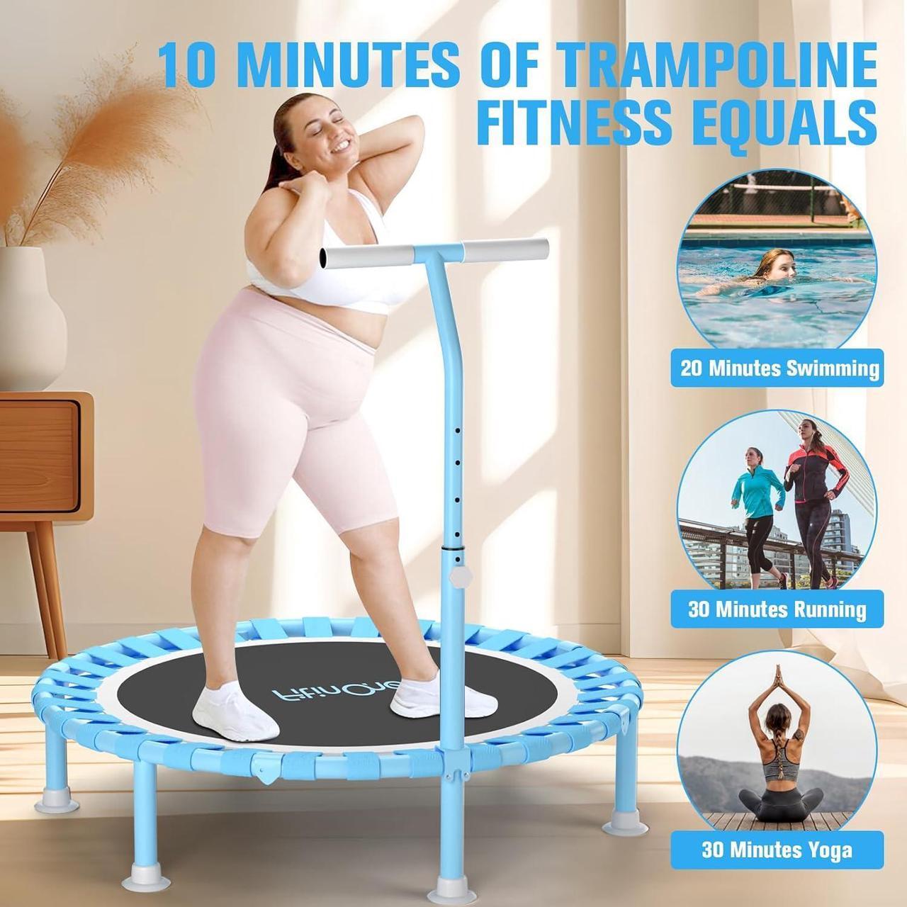 Alt view image 7 of 7 - 40" Fitness Mini Trampoline with Adjustable Handle Bar, 330lbs Foldable Bungee Rebounder for Adults and Kids, Stable & Quiet Exercise Rebounder Indoor Workout