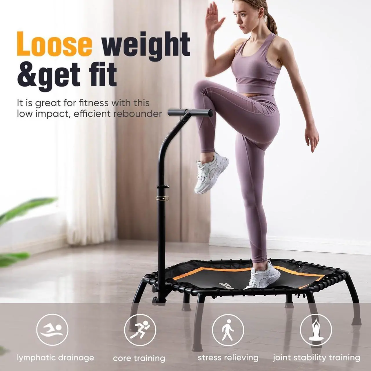 Alt view image 2 of 7 - Zupapa Rebounder Trampoline for Adults with Adjustable bar Indoor Mini Small Fitness Workout Exercise Trampolines for Kids with Handle Silent Bungee Cords 40" 45" 300LBS Weight Capacity