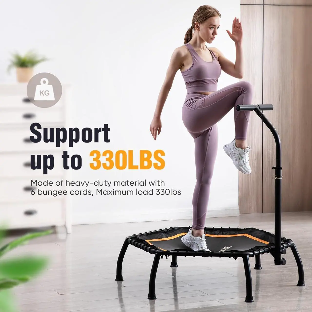 Alt view image 3 of 7 - Zupapa Rebounder Trampoline for Adults with Adjustable bar Indoor Mini Small Fitness Workout Exercise Trampolines for Kids with Handle Silent Bungee Cords 40" 45" 300LBS Weight Capacity