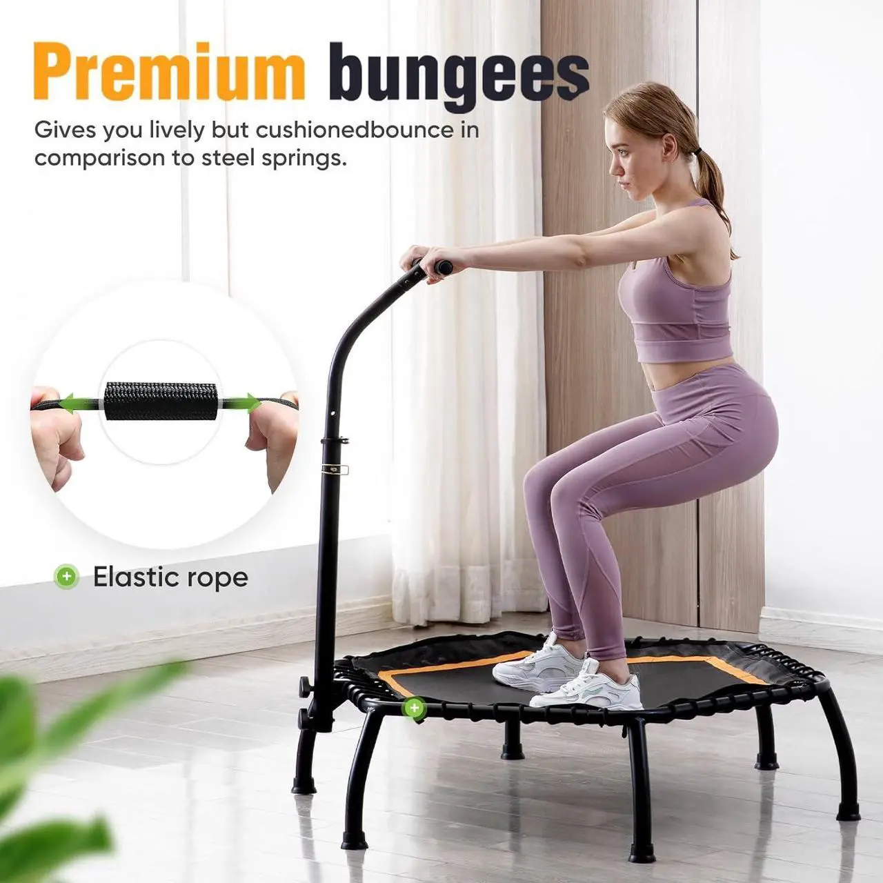 Alt view image 4 of 7 - Zupapa Rebounder Trampoline for Adults with Adjustable bar Indoor Mini Small Fitness Workout Exercise Trampolines for Kids with Handle Silent Bungee Cords 40" 45" 300LBS Weight Capacity