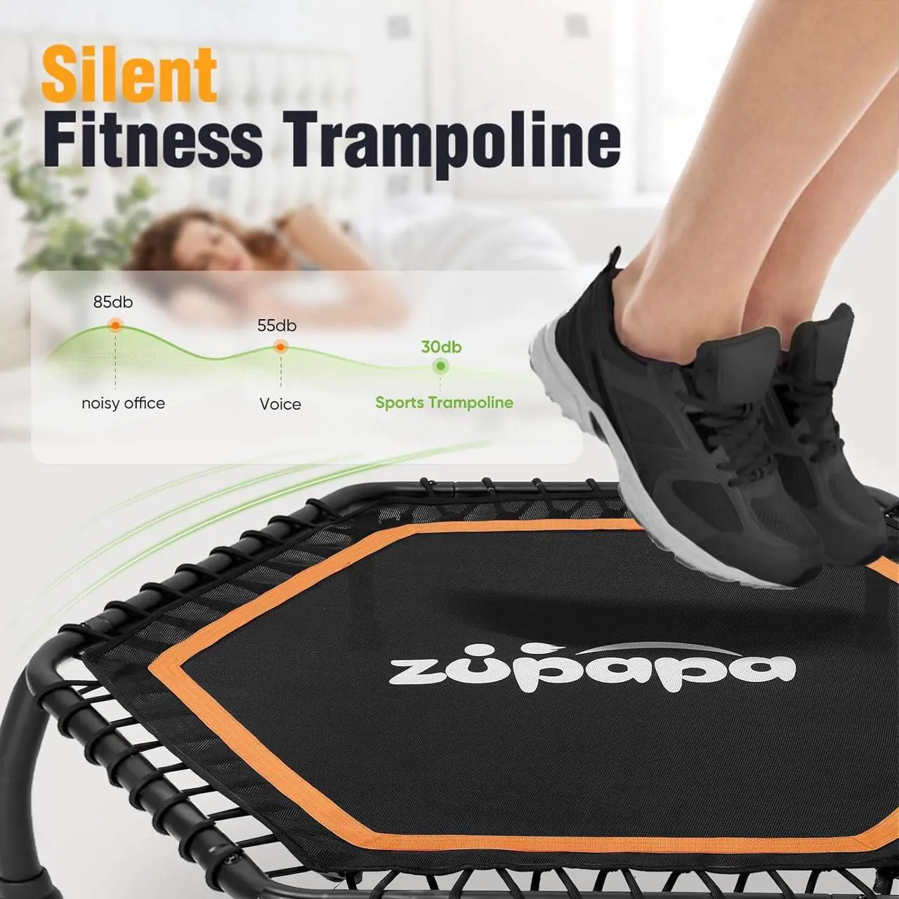 Alt view image 5 of 7 - Zupapa Rebounder Trampoline for Adults with Adjustable bar Indoor Mini Small Fitness Workout Exercise Trampolines for Kids with Handle Silent Bungee Cords 40" 45" 300LBS Weight Capacity