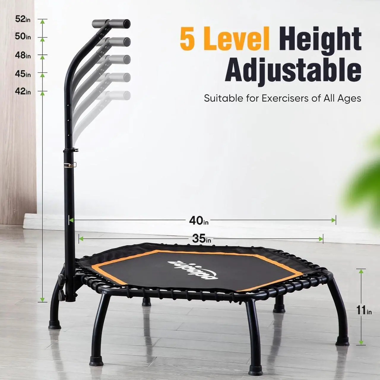 Alt view image 6 of 7 - Zupapa Rebounder Trampoline for Adults with Adjustable bar Indoor Mini Small Fitness Workout Exercise Trampolines for Kids with Handle Silent Bungee Cords 40" 45" 300LBS Weight Capacity