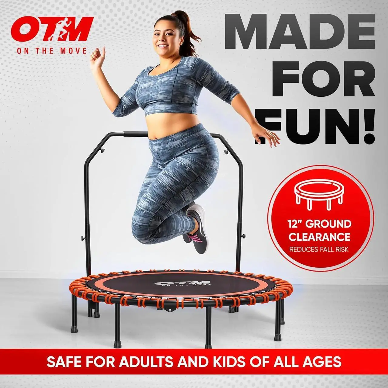 Alt view image 2 of 7 - 48-inch Foldable Mini Trampoline, Rebounder for Adults & Kids with Adjustable Bar  4-Level Bar, 500lbs Max Load, Indoor/Outdoor Fitness Trampoline for Workout