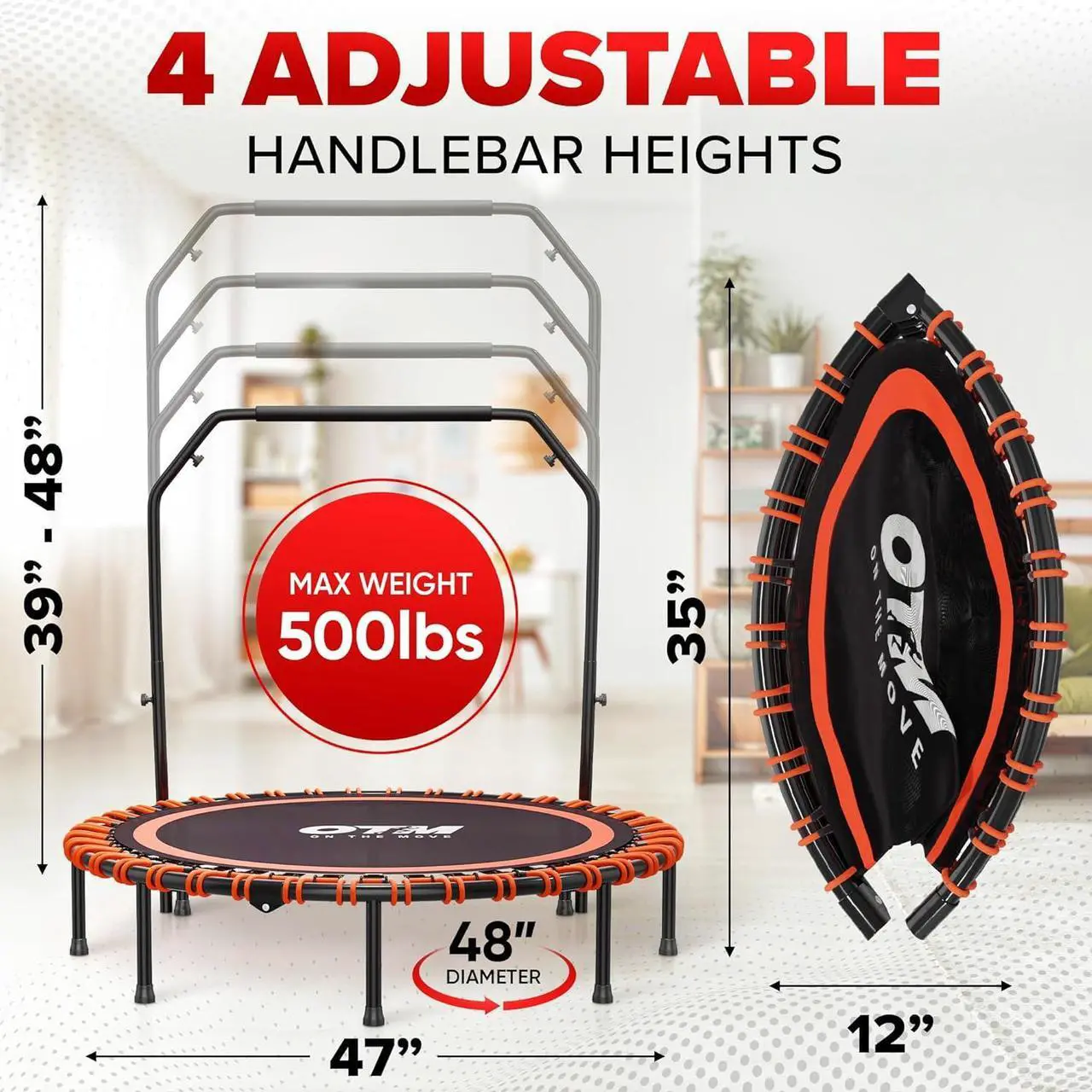 Alt view image 3 of 7 - 48-inch Foldable Mini Trampoline, Rebounder for Adults & Kids with Adjustable Bar  4-Level Bar, 500lbs Max Load, Indoor/Outdoor Fitness Trampoline for Workout