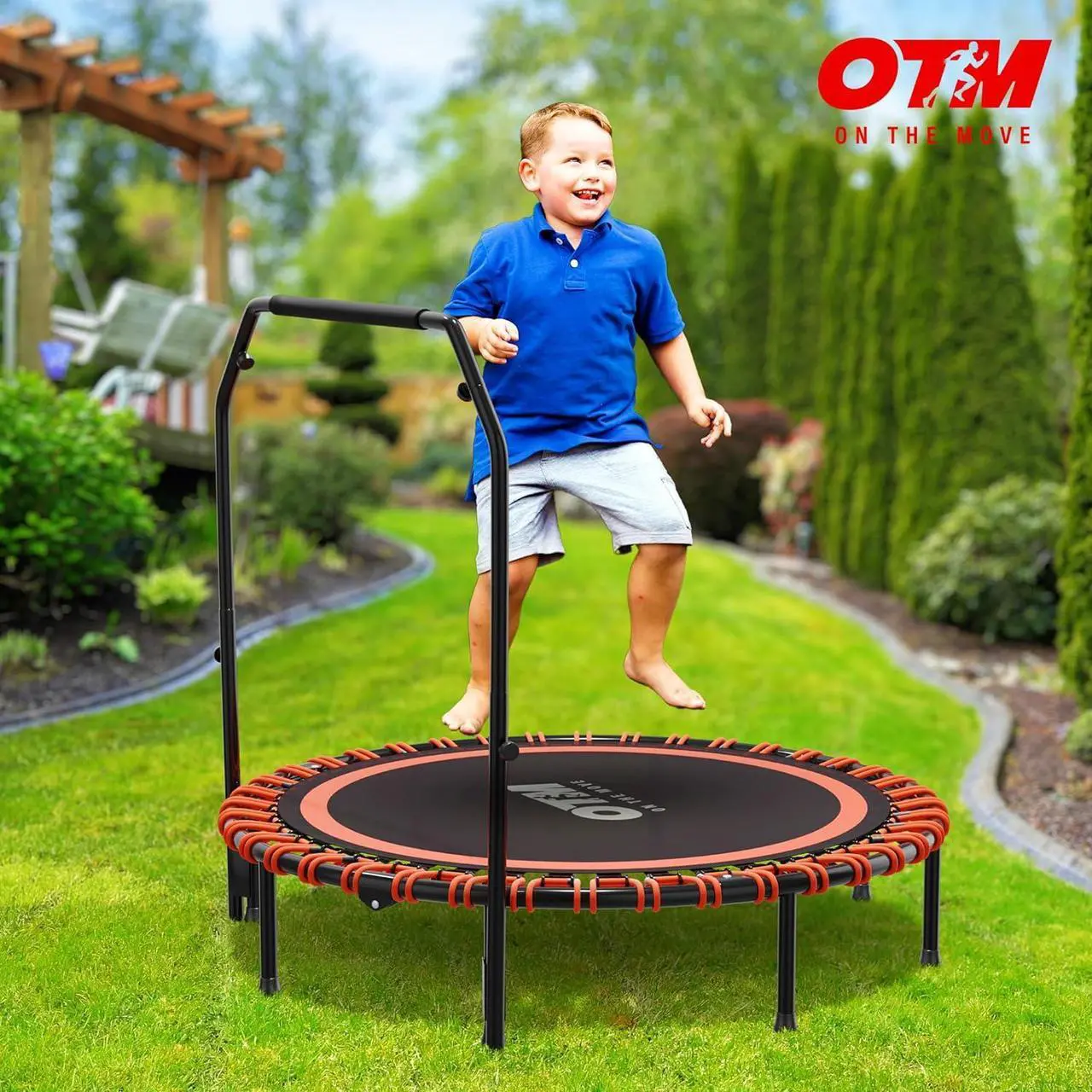 Alt view image 7 of 7 - 48-inch Foldable Mini Trampoline, Rebounder for Adults & Kids with Adjustable Bar  4-Level Bar, 500lbs Max Load, Indoor/Outdoor Fitness Trampoline for Workout