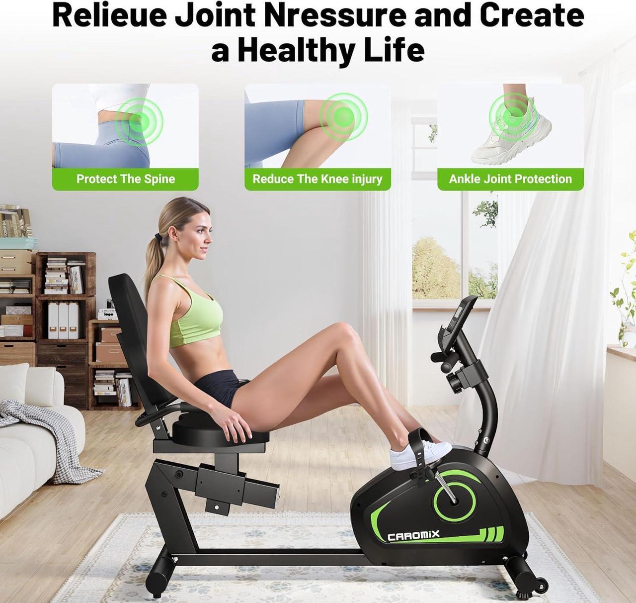 Alt view image 5 of 7 - Caromix Recumbent Exercise Bike for Adults Seniors, Stationary Bike for Home with Comfortable Seat and Heart Rate Handle, Magnetic Resistance Indoor Cycling Bike with 300LBS for Cardio Workout