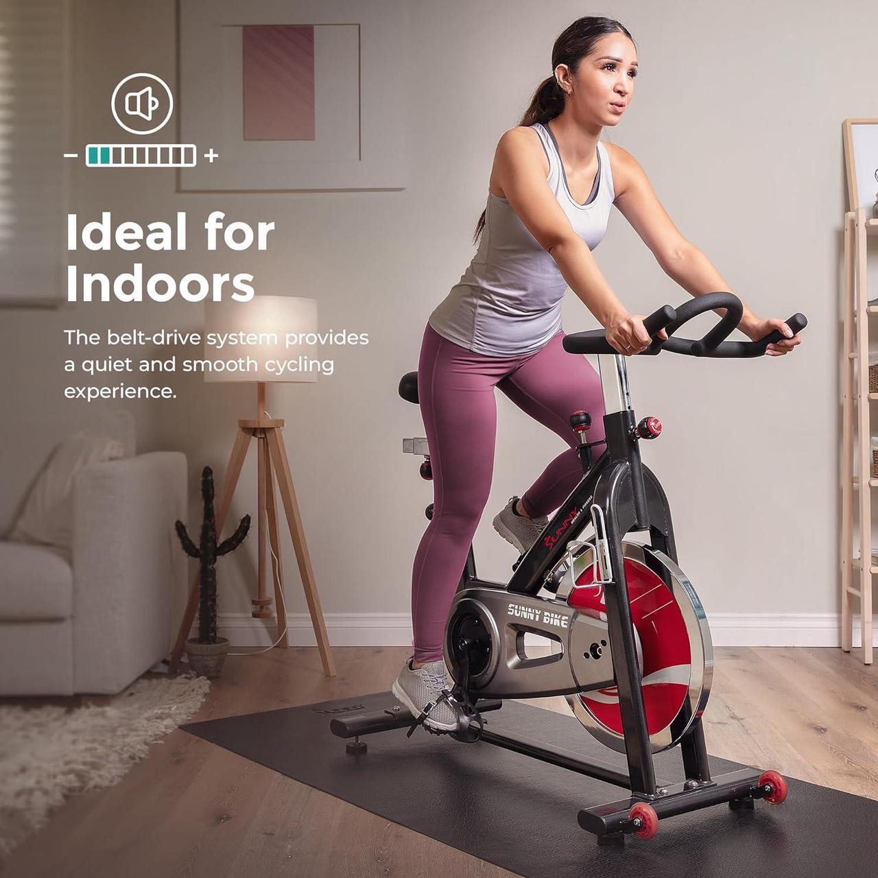 Alt view image 6 of 7 - Sunny Health & Fitness Indoor Stationary Exercise Bike, 4-Way Adjustable Seat for Cycling Cardio workout at Home, Optional 49 LB Flywheel, Heavy-Duty & Free SunnyFit App Bluetooth Connect