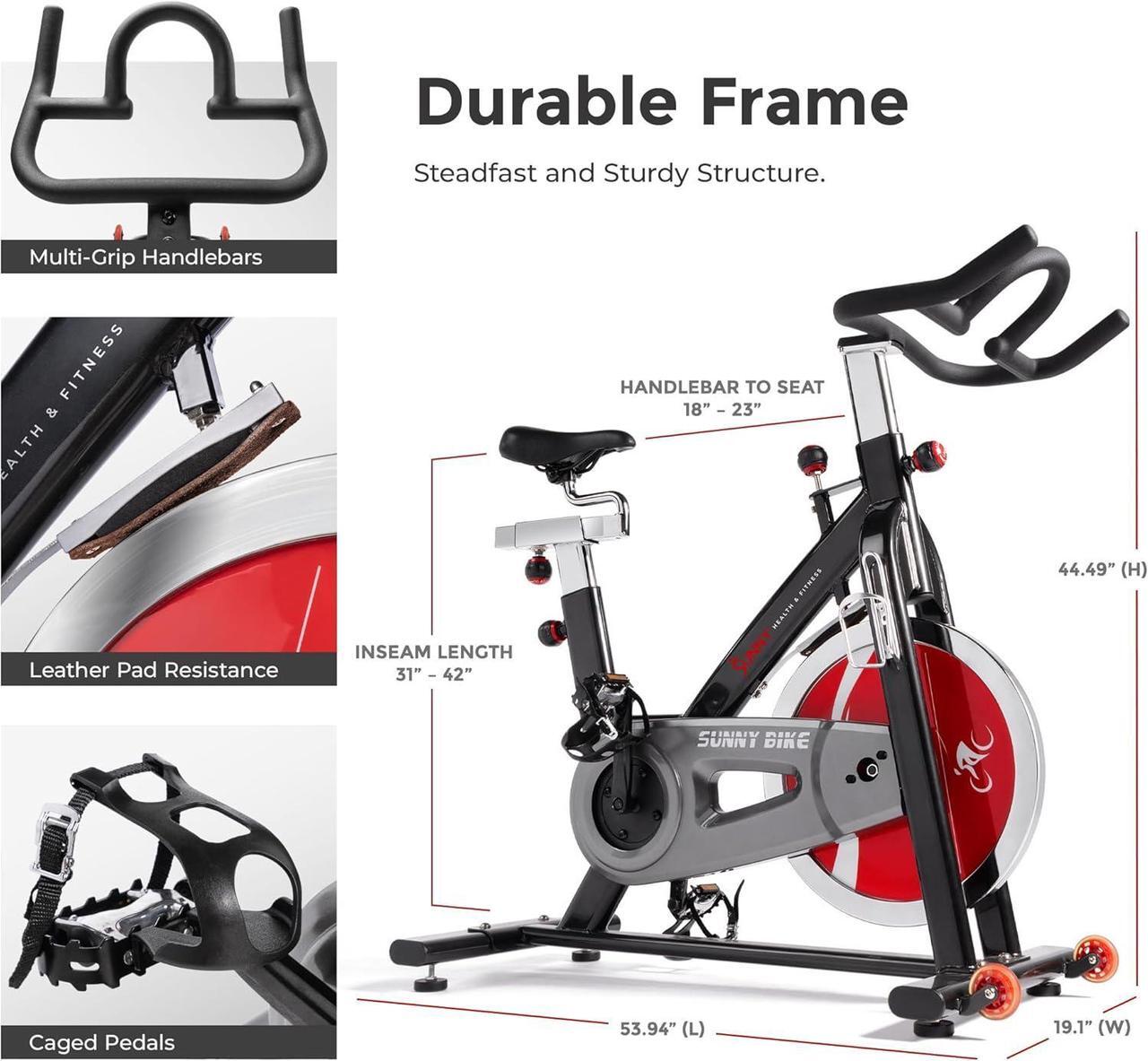 Alt view image 7 of 7 - Sunny Health & Fitness Indoor Stationary Exercise Bike, 4-Way Adjustable Seat for Cycling Cardio workout at Home, Optional 49 LB Flywheel, Heavy-Duty & Free SunnyFit App Bluetooth Connect
