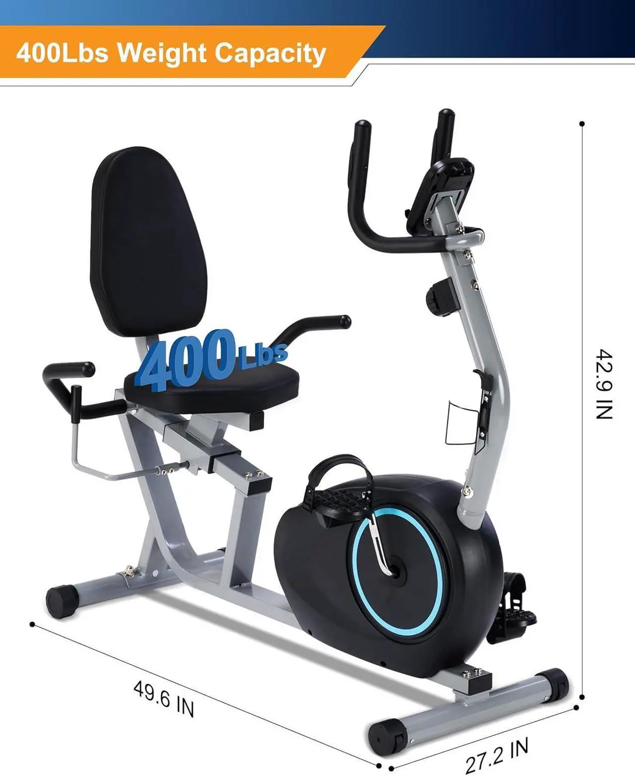 Alt view image 2 of 7 - Recumbent Exercise Bike for Seniors - 400LB Weight Capacity Recumbent Bikes with Comfortable Seat, Pulse Sensor, 16-level Resistance, LCD Monitor