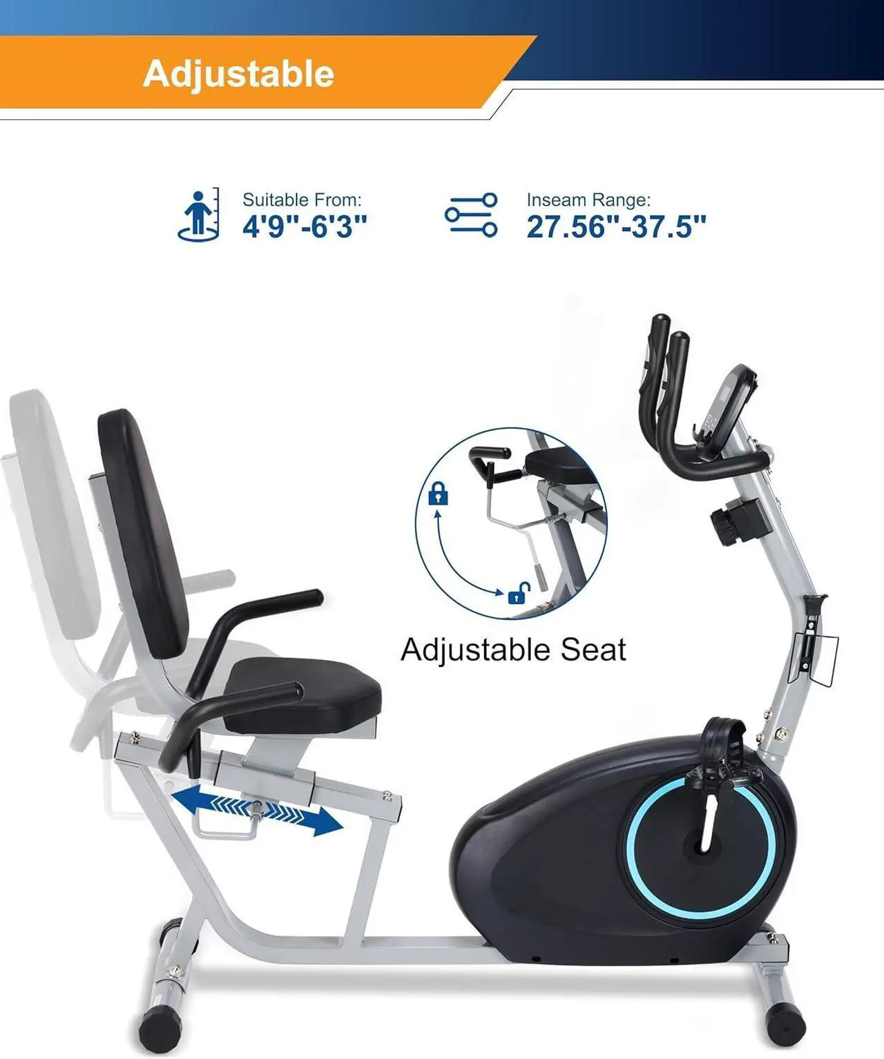 Alt view image 3 of 7 - Recumbent Exercise Bike for Seniors - 400LB Weight Capacity Recumbent Bikes with Comfortable Seat, Pulse Sensor, 16-level Resistance, LCD Monitor