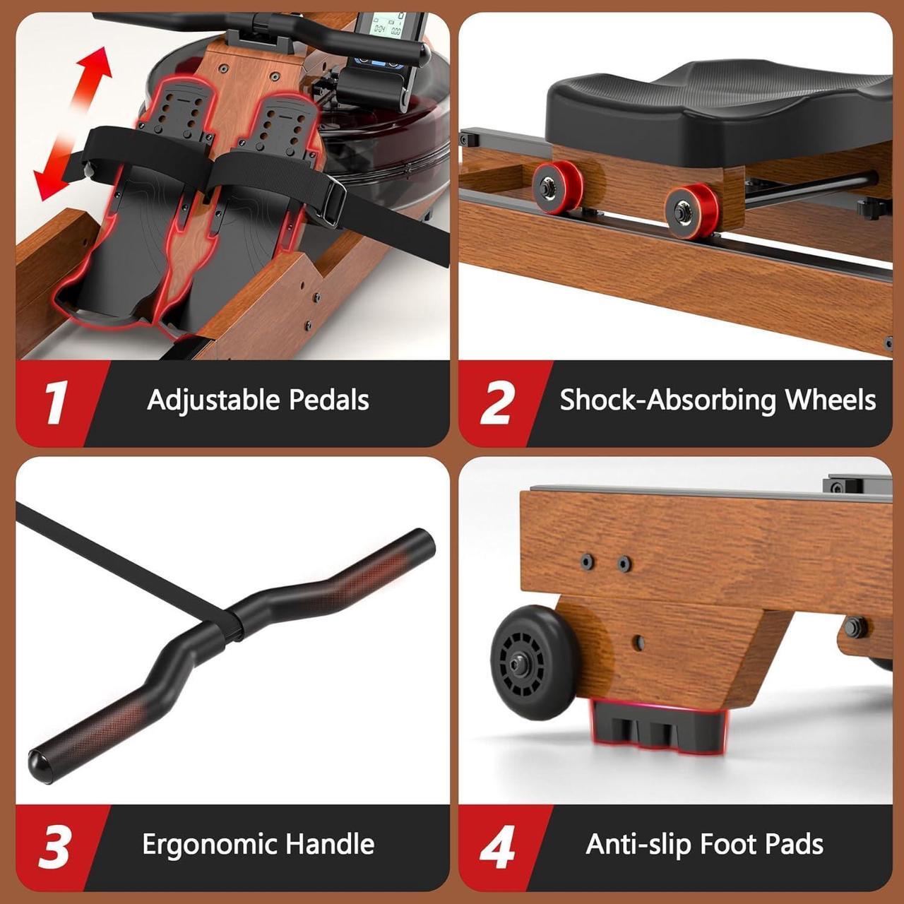 Alt view image 2 of 7 - Water Rowing Machine for Home Use, Wooden Foldable Rower Machine with Adjustable Monitor & Bluetooth APP, Large Water Tank & Comfortable Seat for Immersive Water Rower, 350LBS Weight Capacity